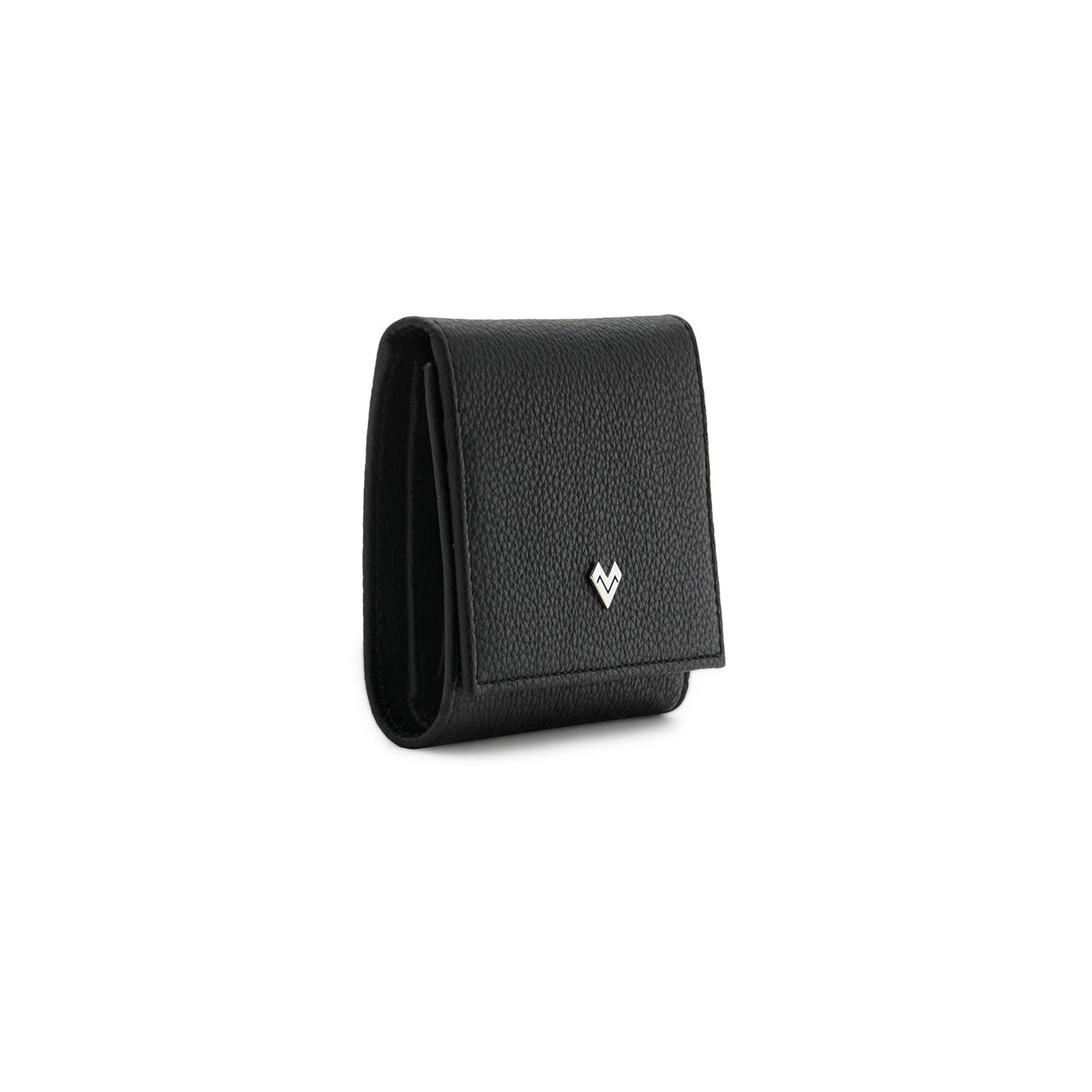 Mario Valentino black leather compact wallet side view, slim profile in grained calfskin with flap closure and refined stitching.