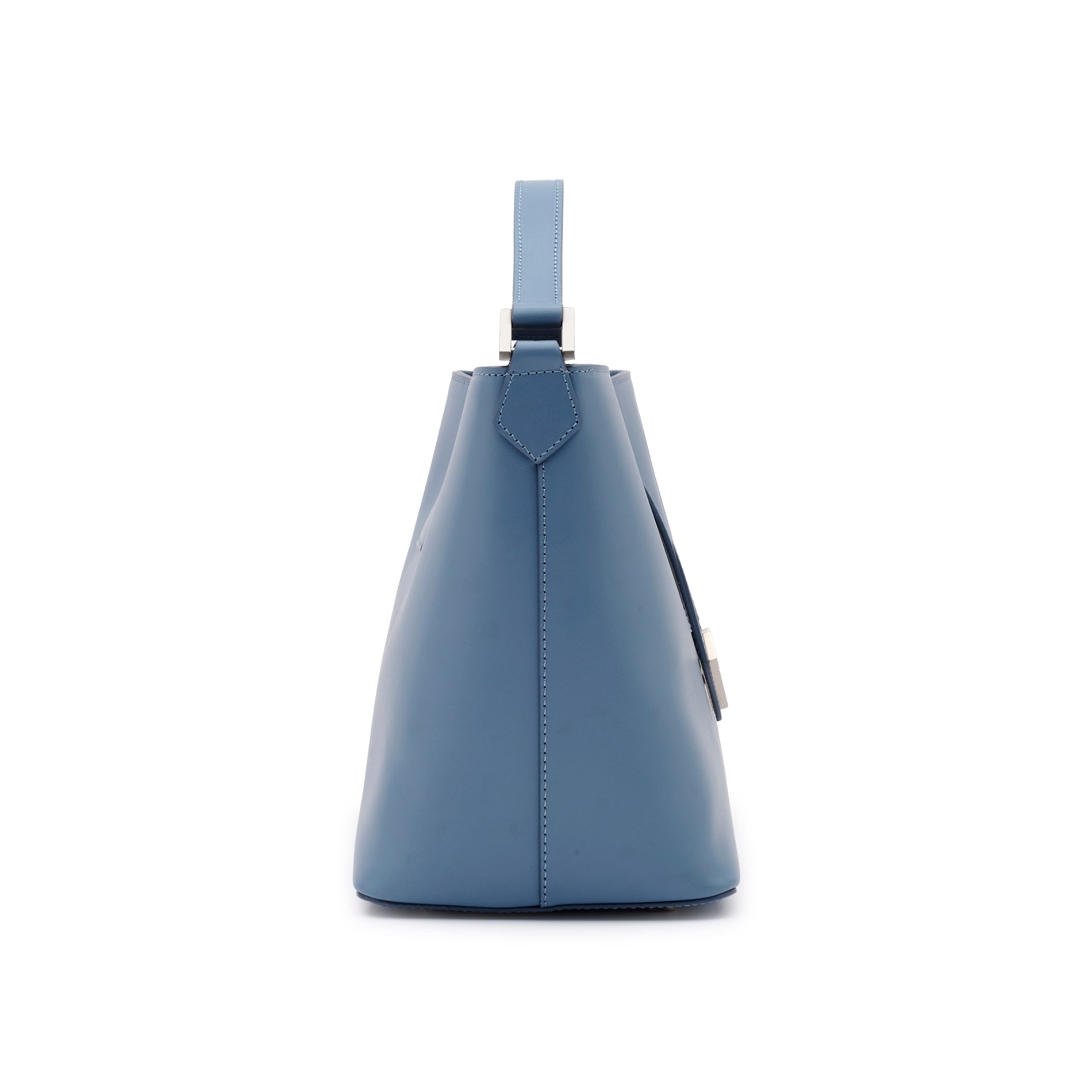 Side view of the structured Mario Valentino blue leather bucket bag showing the 15cm depth