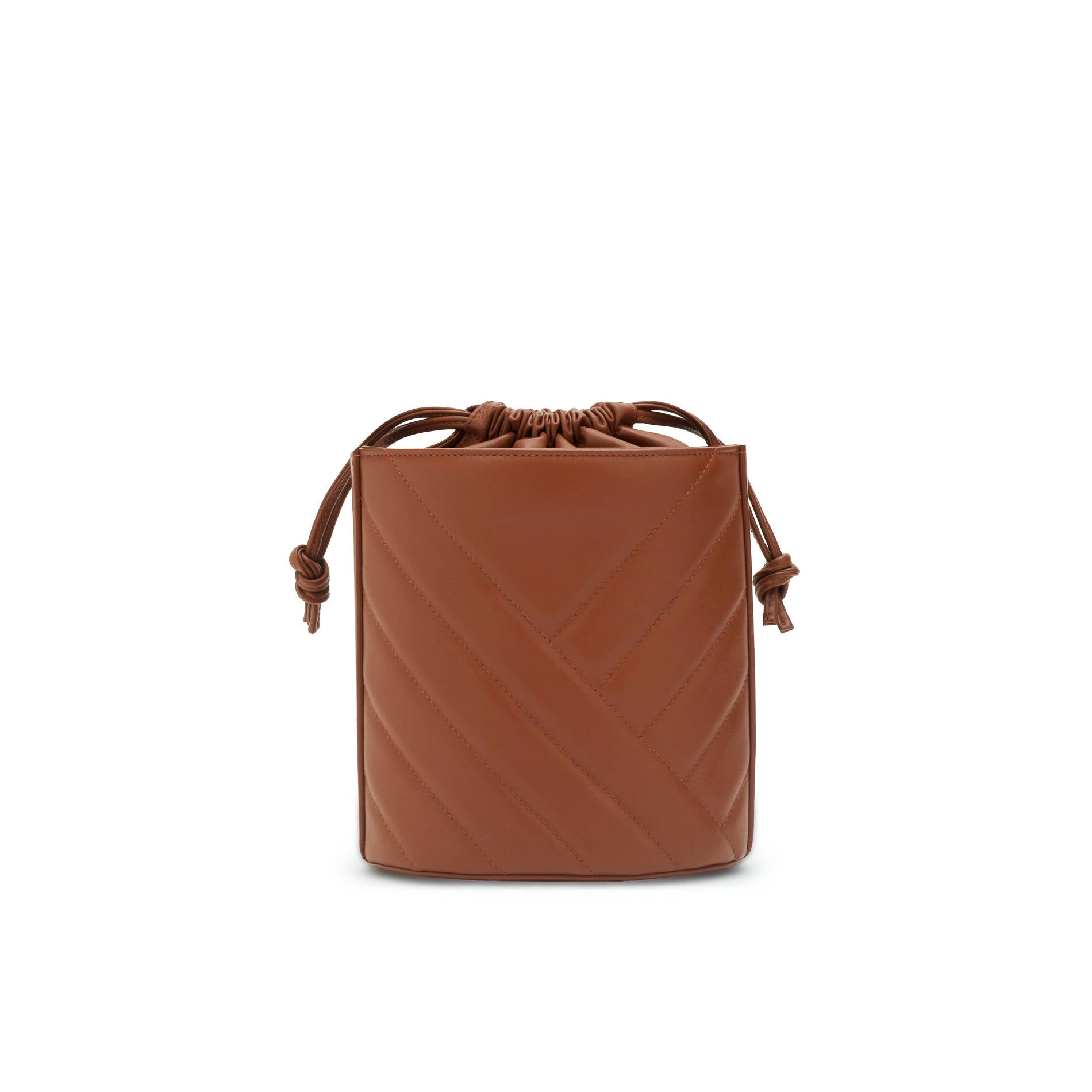 Brown quilted leather crossbody bucket bag with clean back design and adjustable strap, back view