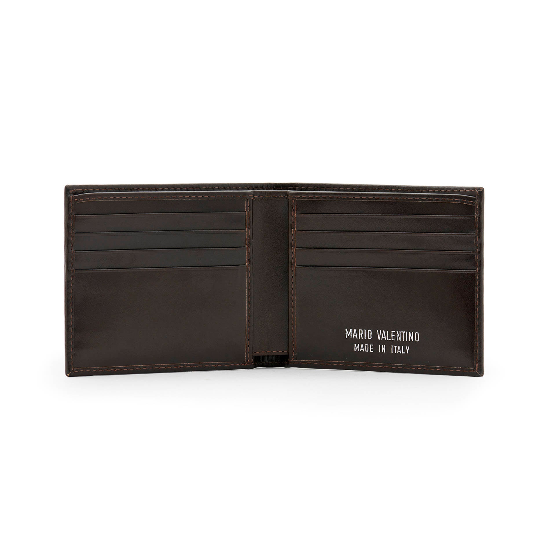 Mario Valentino brown leather wallet interior with eight card slots, banknote compartment and inner pockets.