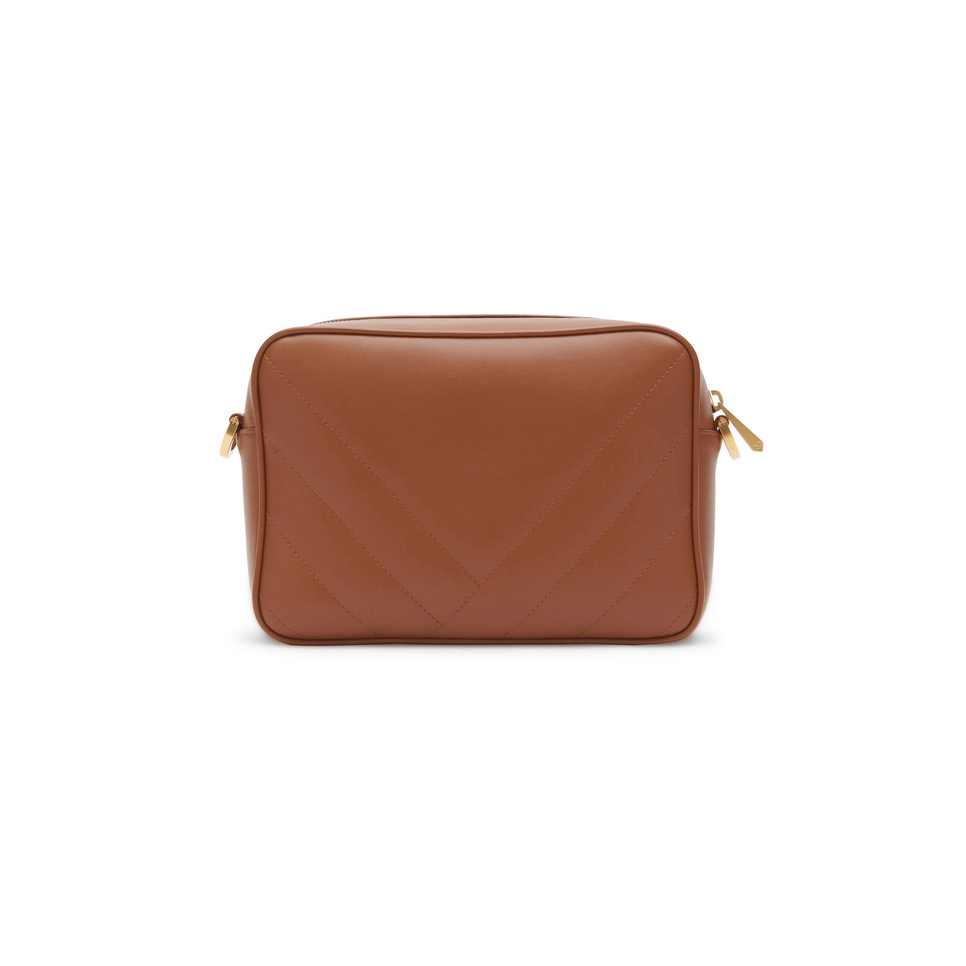 Brown leather crossbody camera bag with clean back design and adjustable strap. Made in Italy