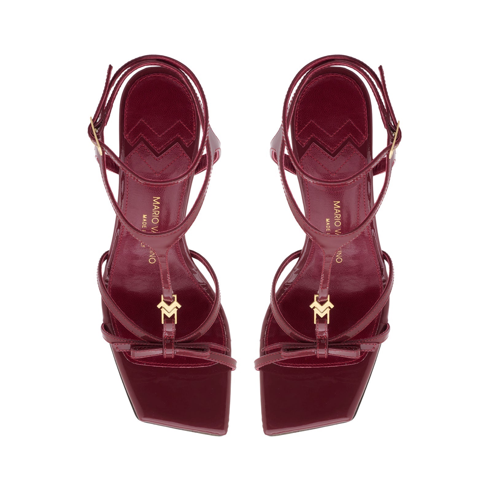 Mario Valentino Cindy patent leather sandals top view with square toe and straps