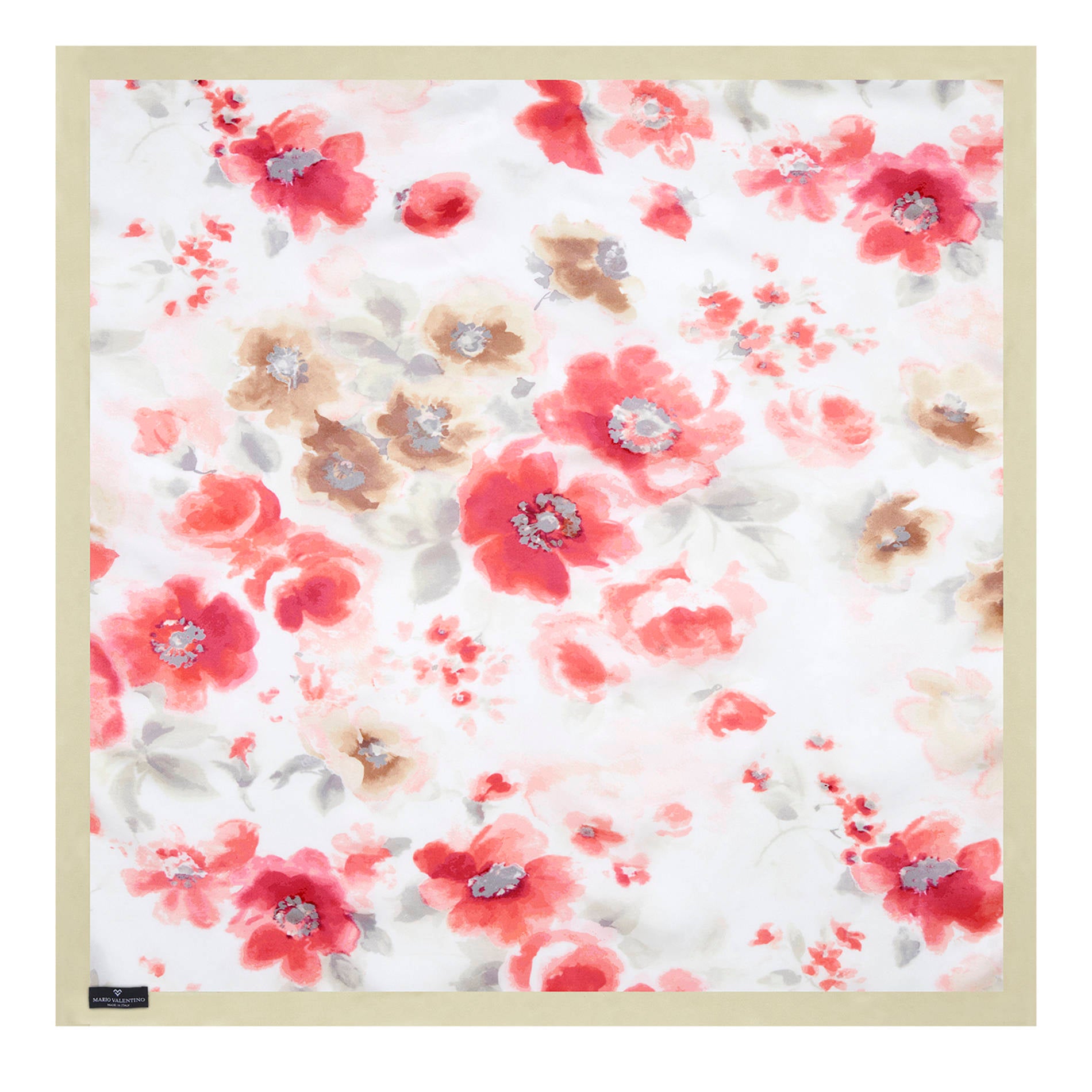 Mario Valentino floral silk foulard with coral and sand flower motif, white background, luxury Italian scarf.