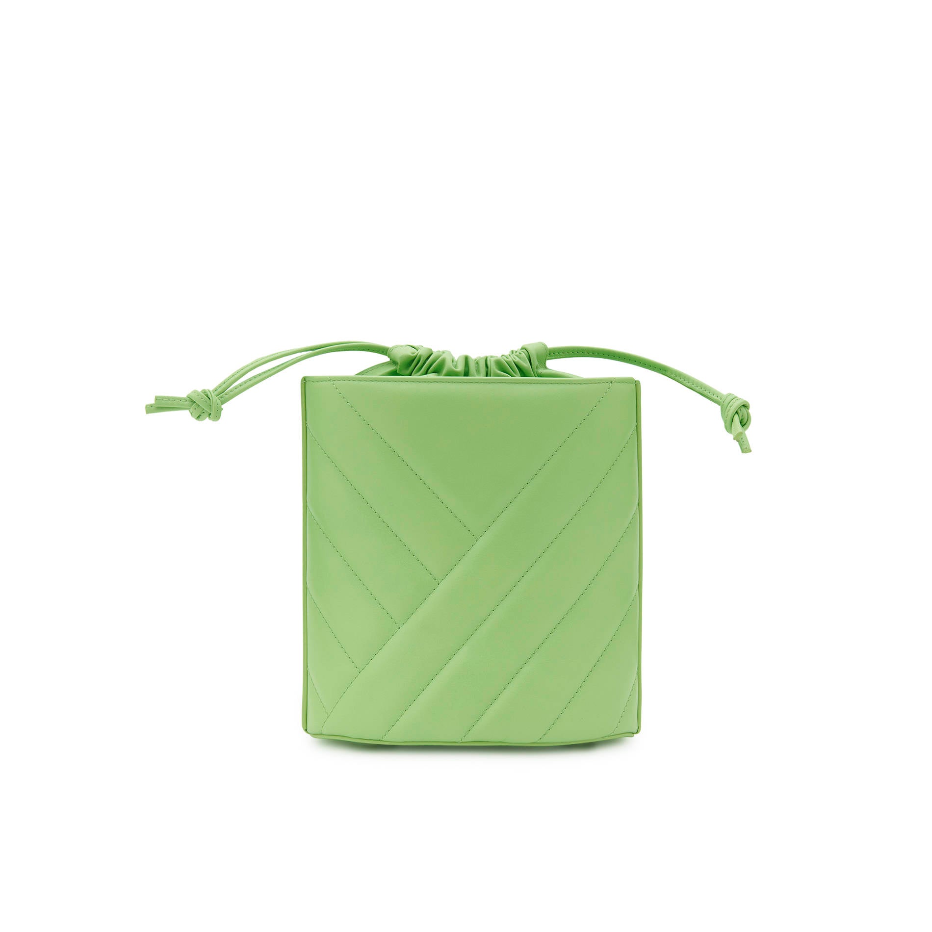 Green quilted leather crossbody bucket bag with clean back design and adjustable strap, back view.