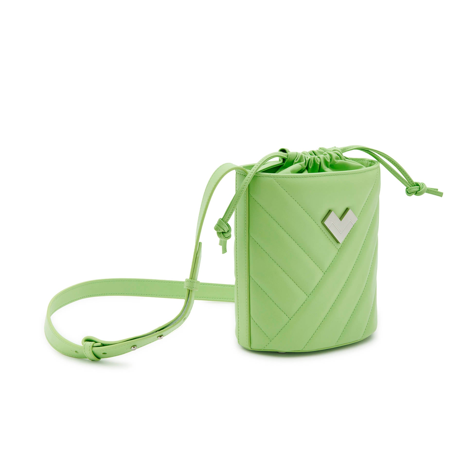 Green quilted leather crossbody bucket bag with silver-tone logo and leather drawstring closure. Compact and easy to wear. Made in Italy