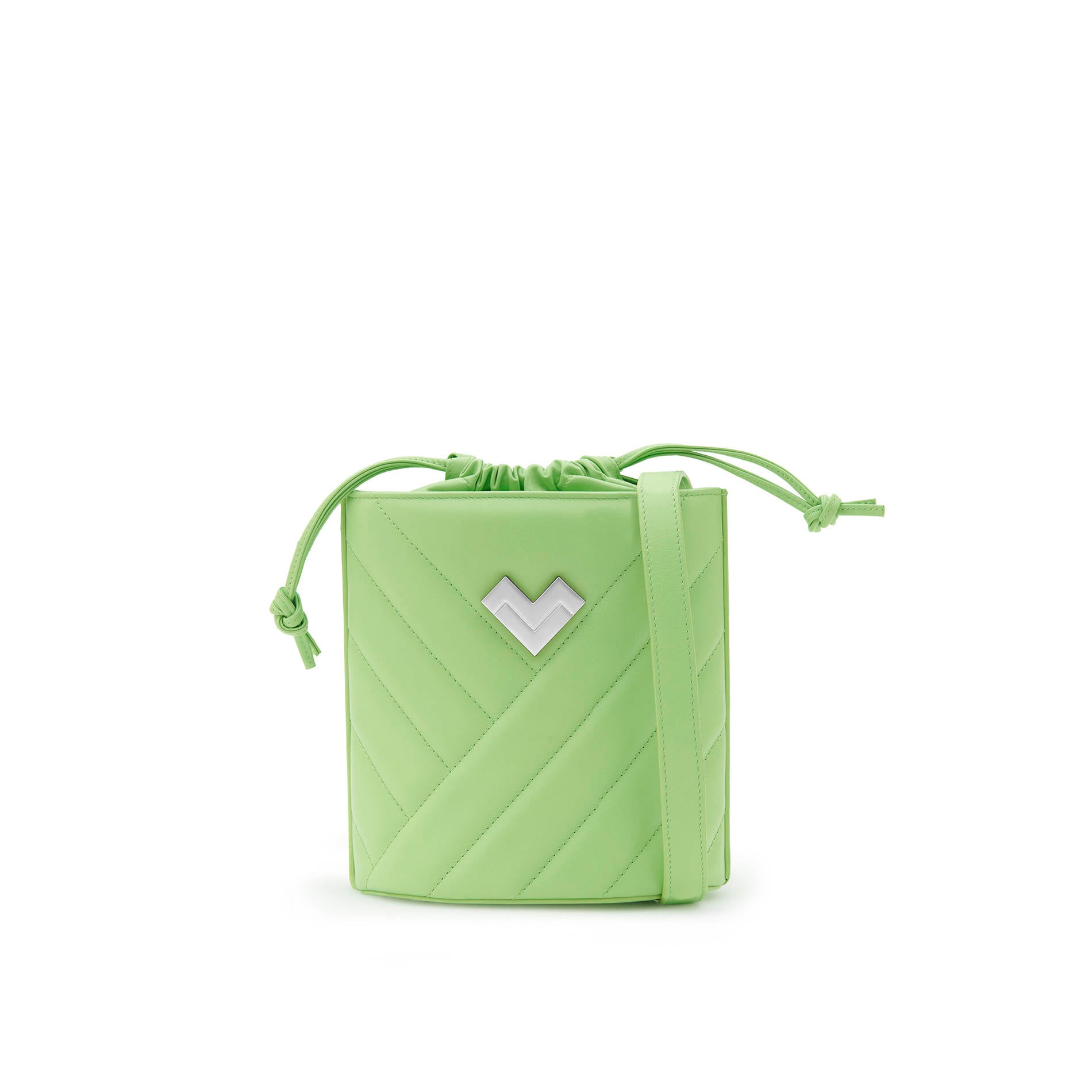 Green quilted leather crossbody bucket bag with silver-tone logo and leather drawstring closure. Adjustable strap. Made in Italy