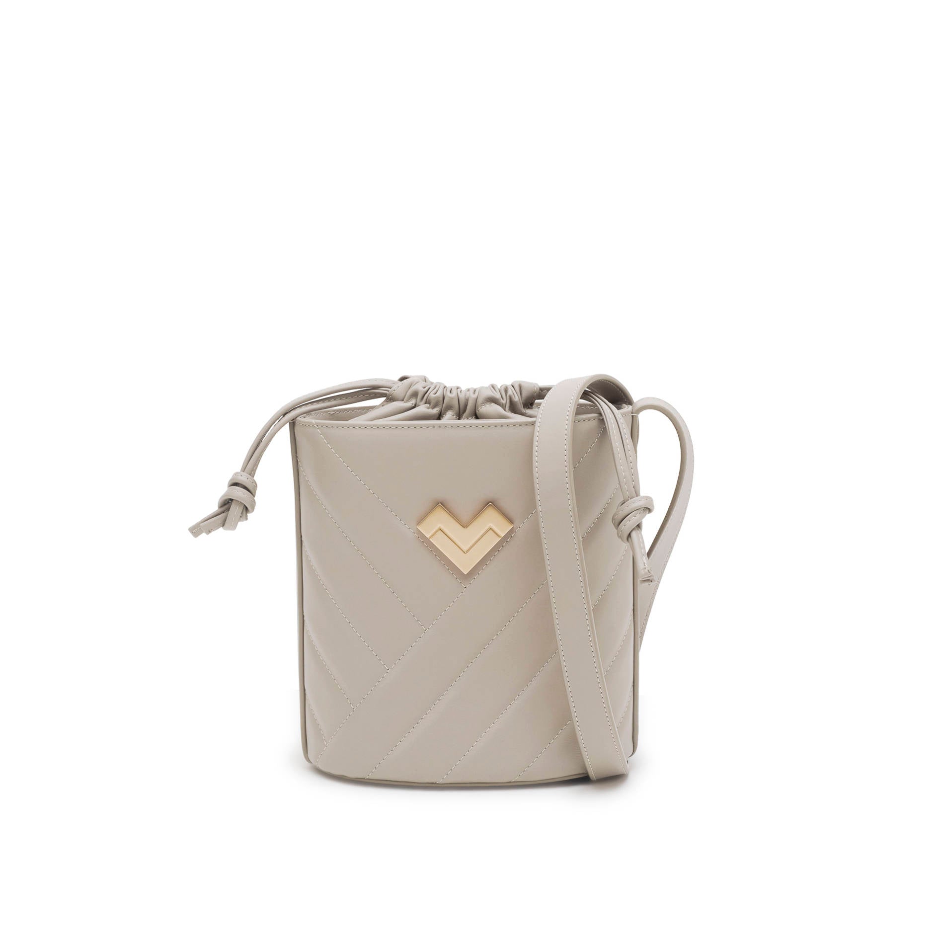 Grey quilted leather crossbody bucket bag with adjustable crossbody strap, gold logo and leather drawstring closure. Made in Italy