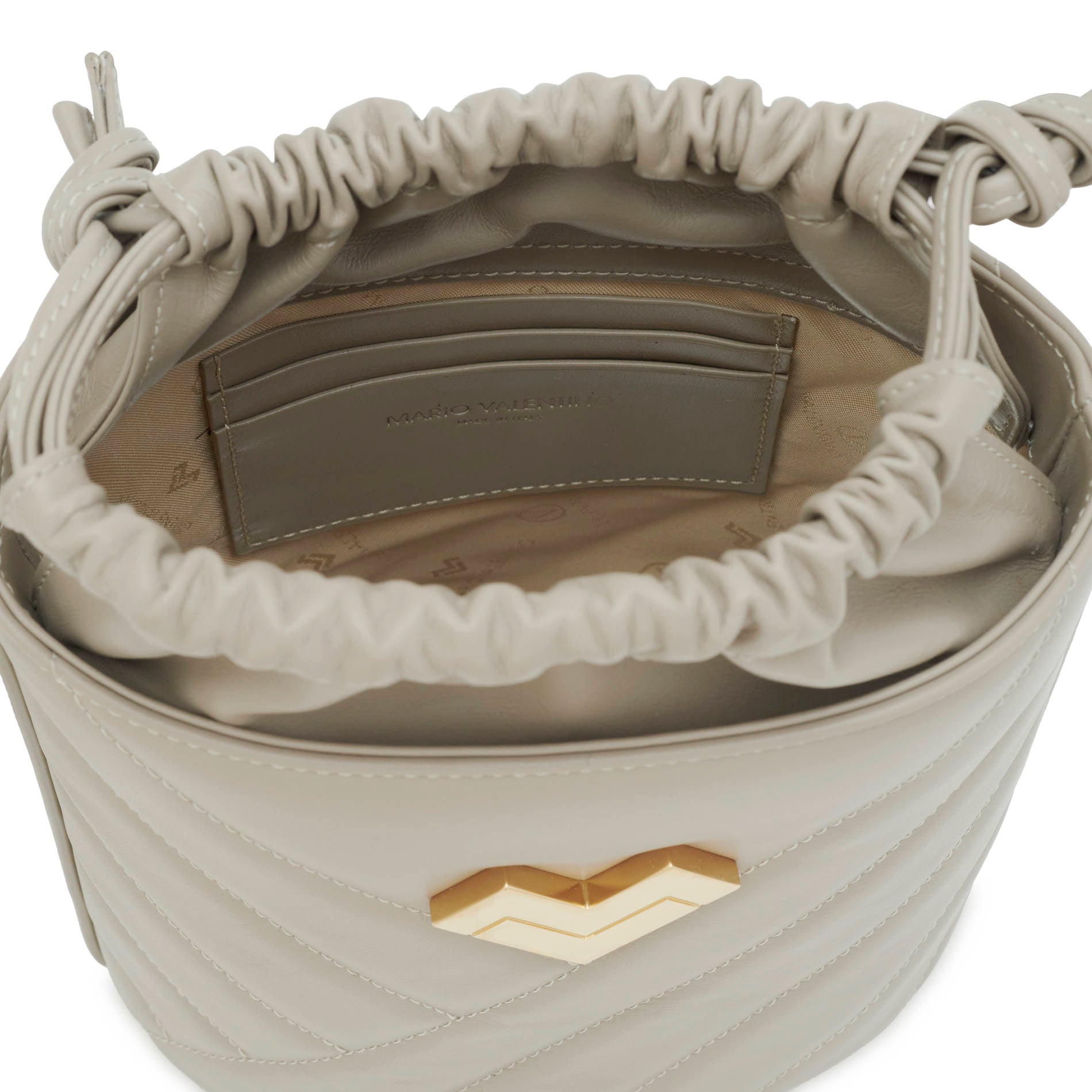 Grey calf leather crossbody bucket bag interior with drawstring closure, logo lining and card slots. Made in Italy