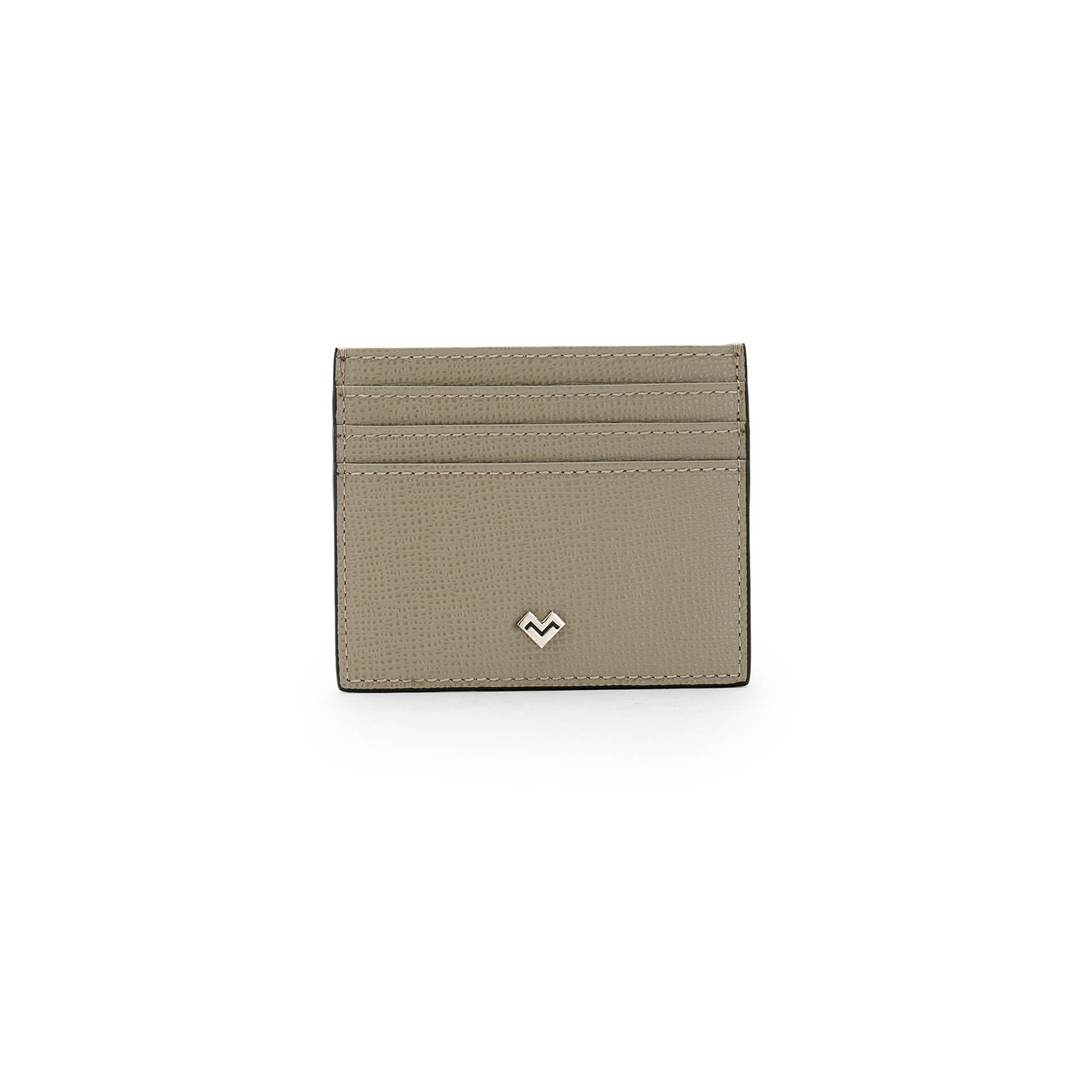 Mario Valentino grey grained leather card holder with six card slots, metal MV logo and slim compact design. Made in Italy.