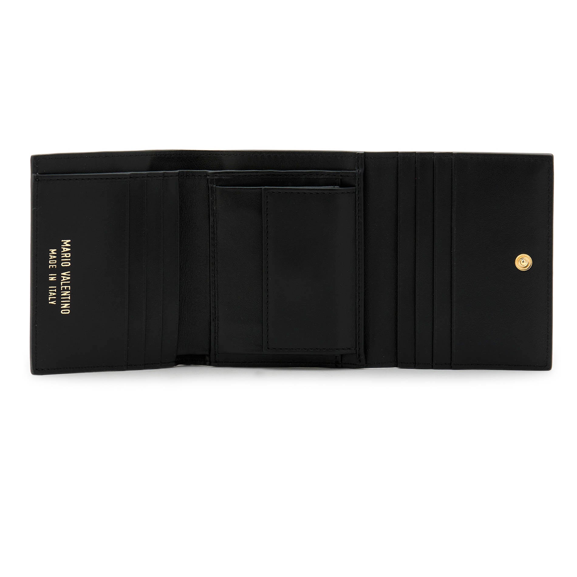 Mario Valentino grey leather wallet interior with six card slots, banknote compartment, coin pocket with button and inner pockets.