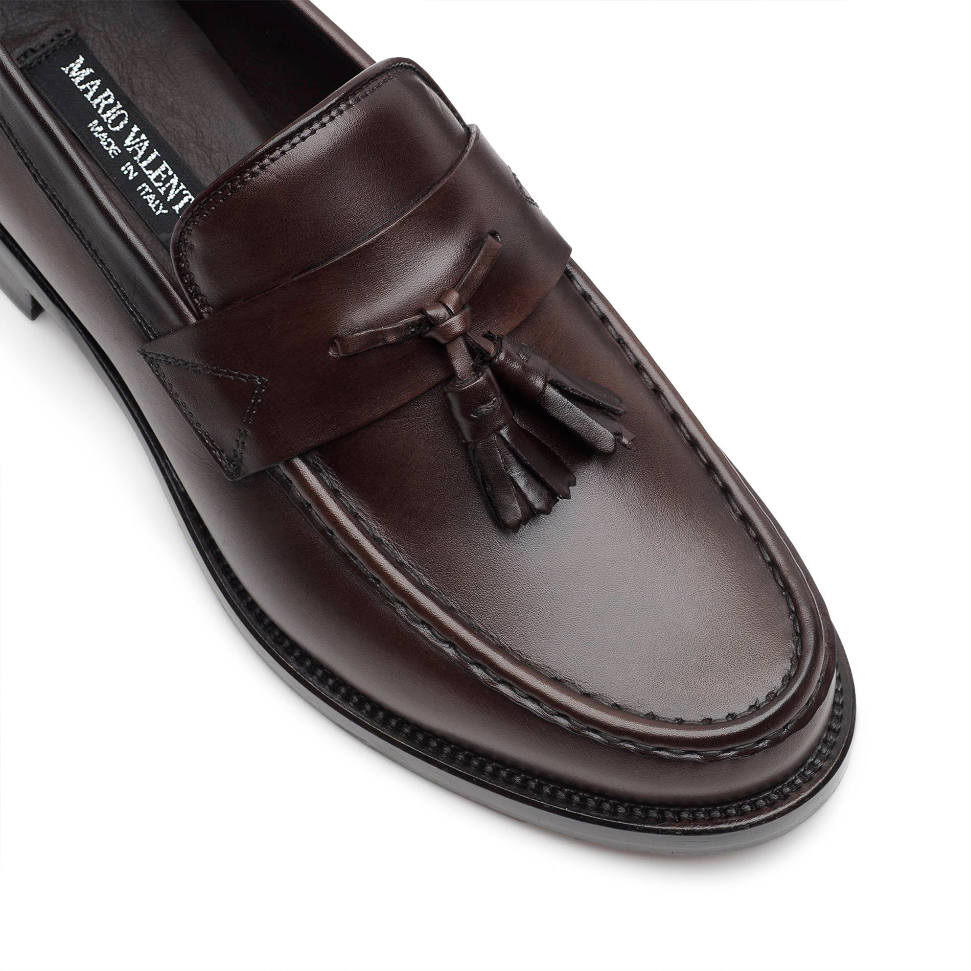 Detail Mario Valentino mens tassel loafer Chocolate Brown calfskin stitching tassel leather vamp
