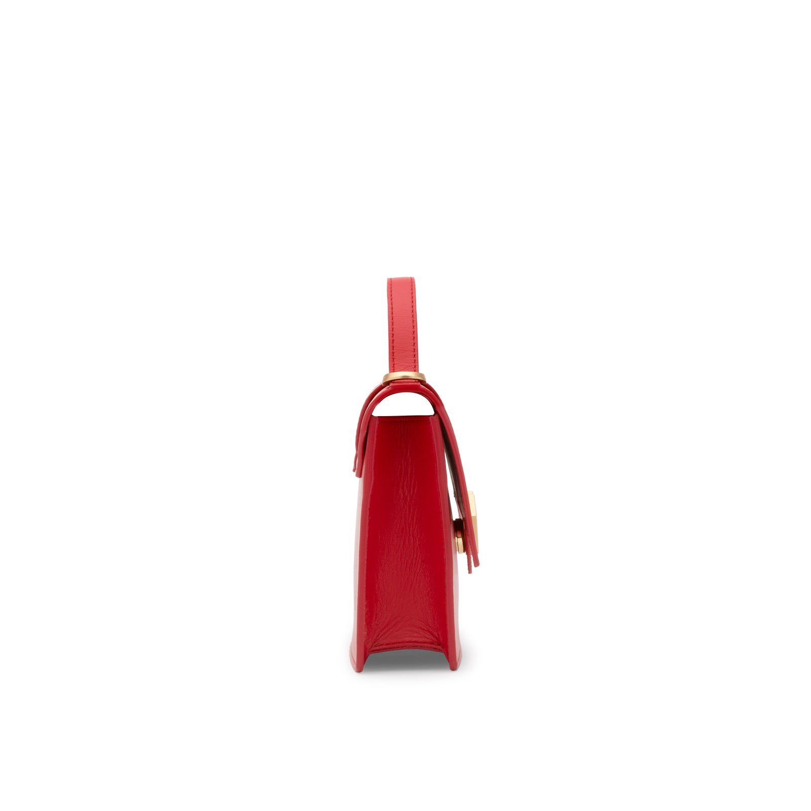 Side profile of the Mario Valentino red leather mini bag showing the structured gusset construction and gold-tone strap attachments.