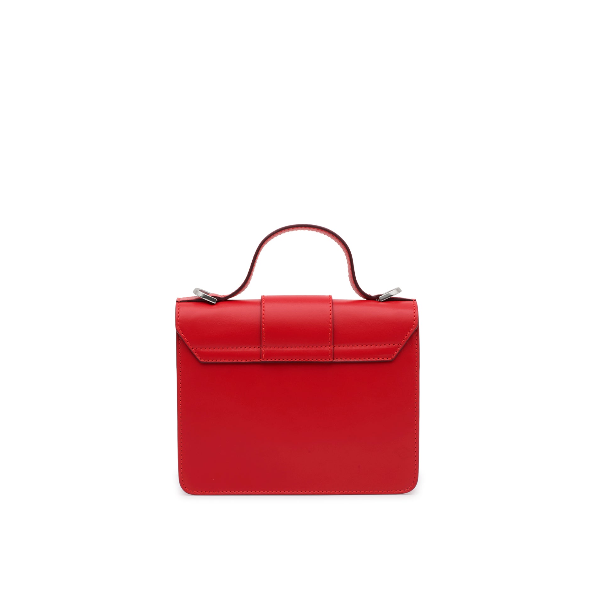 Rear view of the Mario Valentino red leather mini bag highlighting the clean silhouette and tonal stitching