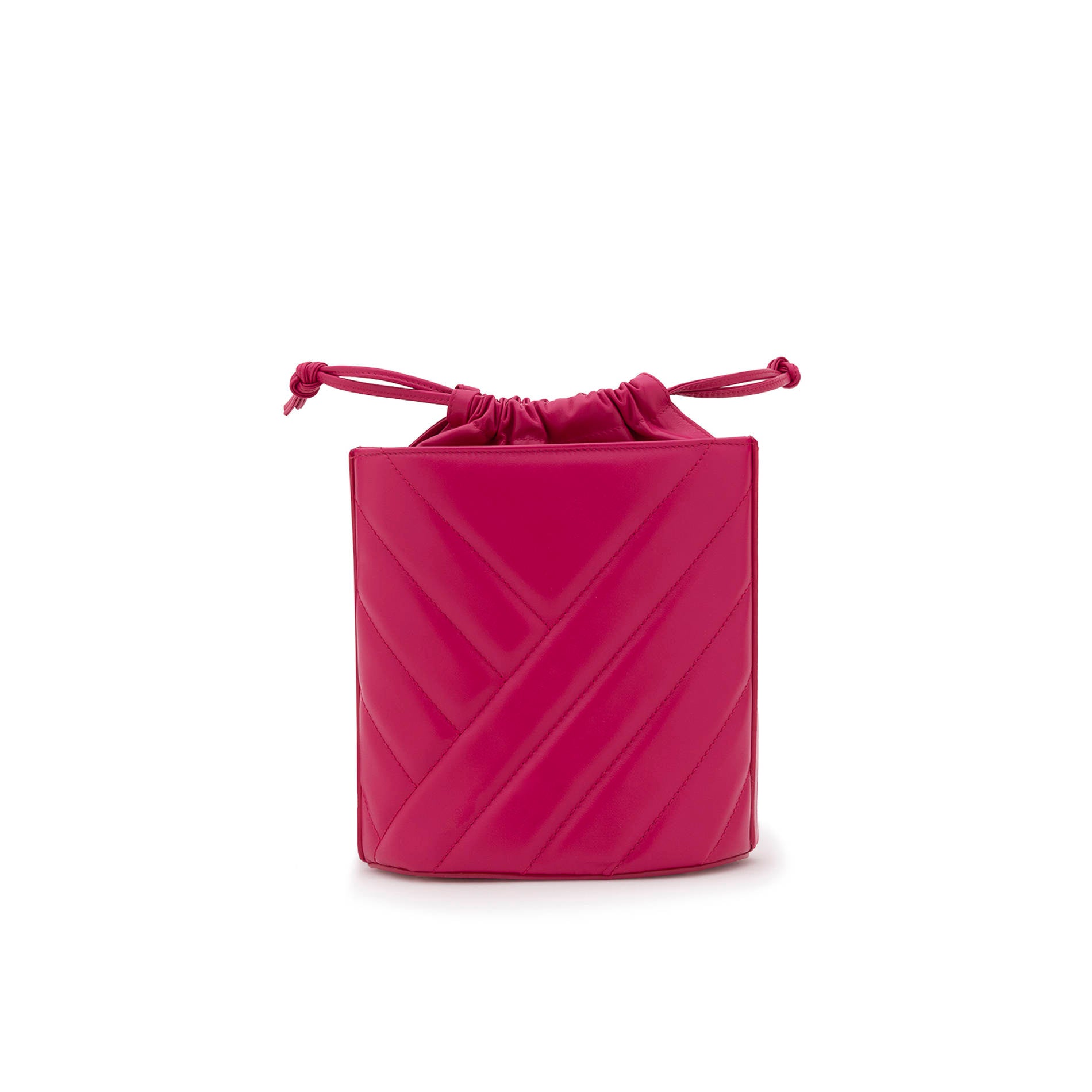 Bright pink quilted leather crossbody bucket bag with gold logo and leather drawstring closure. Adjustable crossbody strap. Back view