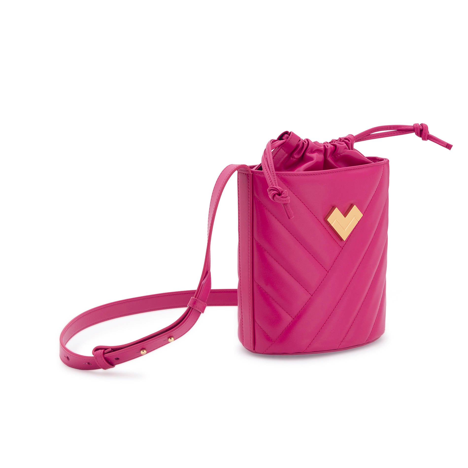 Hot pink quilted leather crossbody bucket bag with gold-tone logo, chevron stitching and leather drawstring detail.