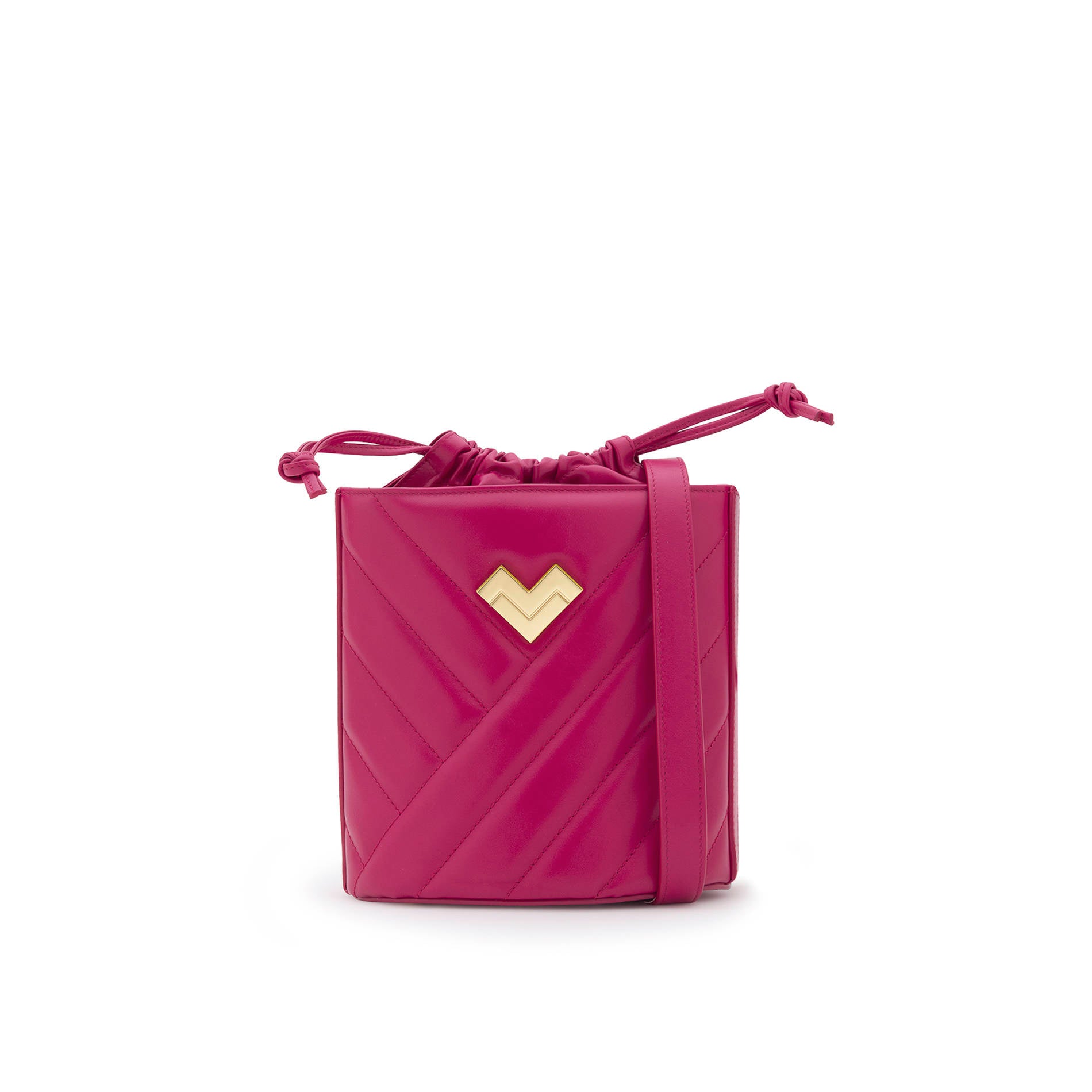 Bright pink quilted leather crossbody bucket bag with adjustable crossbody strap, gold logo and leather drawstring closure. Made in Italy