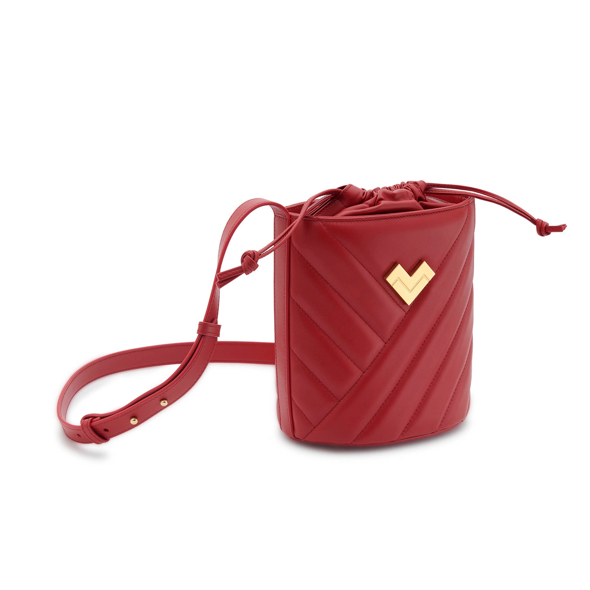 Red quilted leather crossbody bucket bag with gold logo and leather drawstring closure, adjustable crossbody strap. Made in Italy