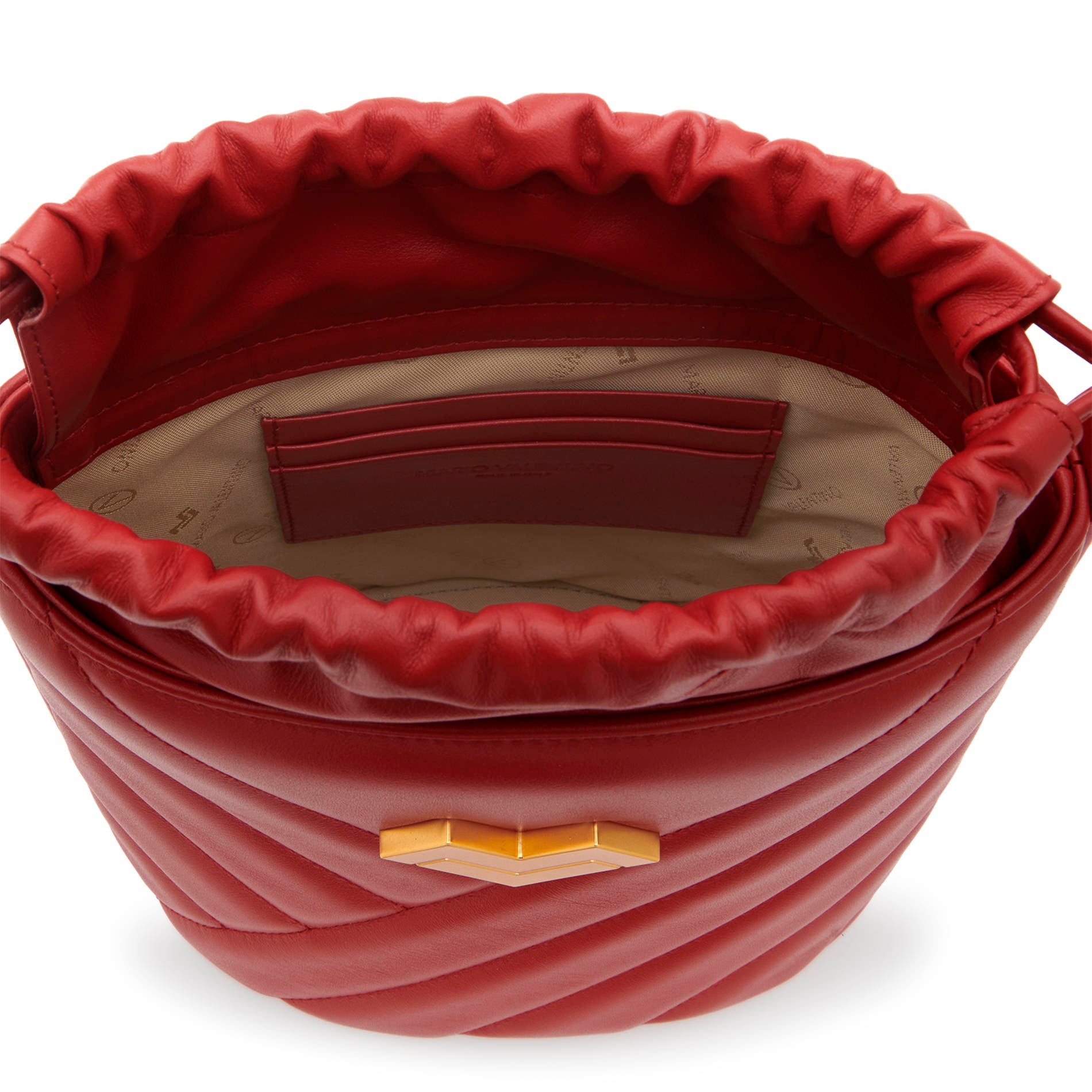 Red calf leather crossbody bucket bag interior with drawstring closure, logo lining and card slots. Made in Italy