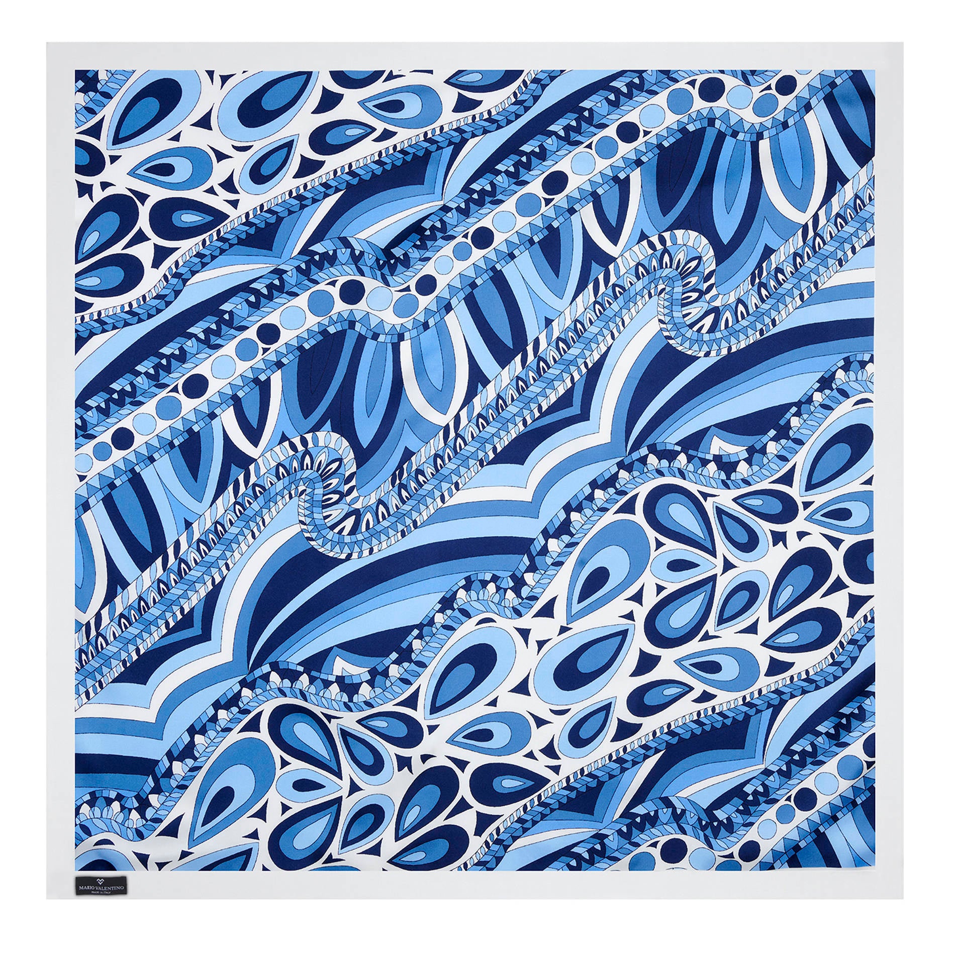 Pure silk foulard with abstract motifs in vibrant tones. Light, soft and contemporary.