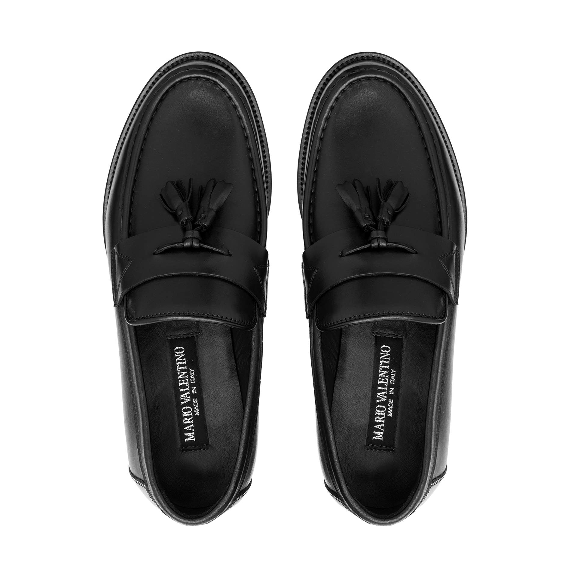 Top view Mario Valentino black leather tassel loafers slip-on design