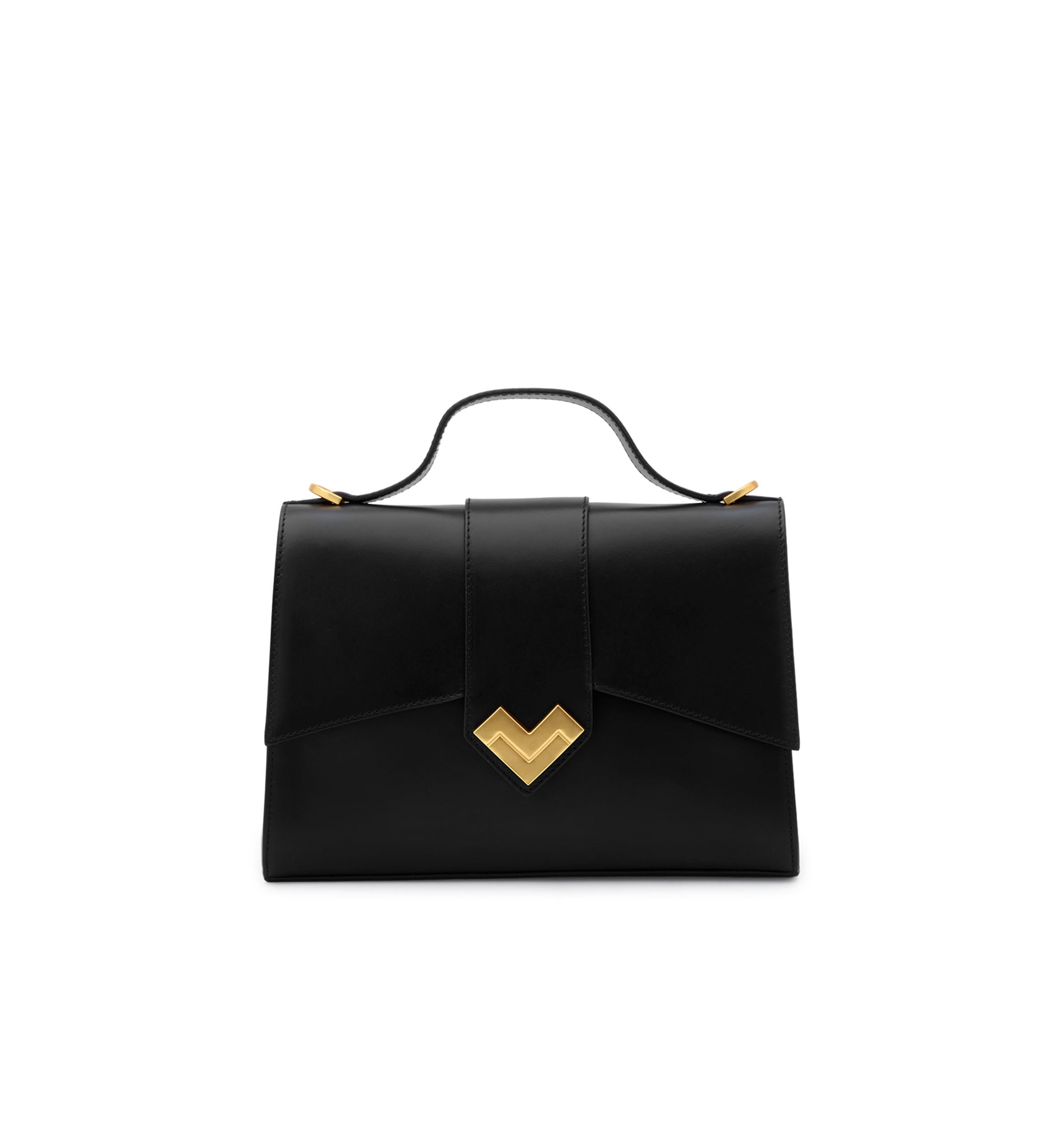 Mario Valentino black top handle bag in smooth calf leather with gold-tone MV logo and structured silhouette