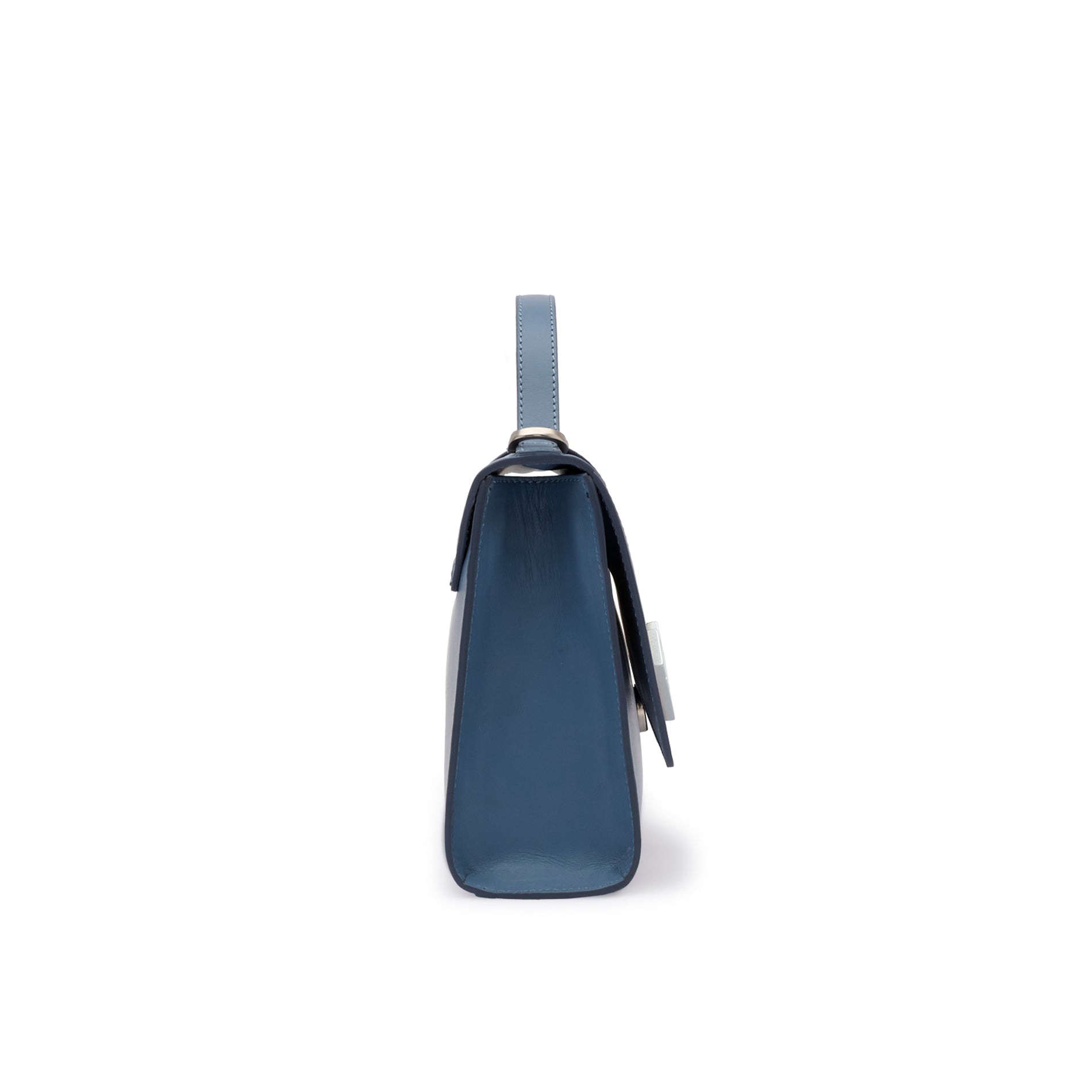 Side profile of the Mario Valentino light blue leather bag showing the structured silhouette and silver-tone attachments.