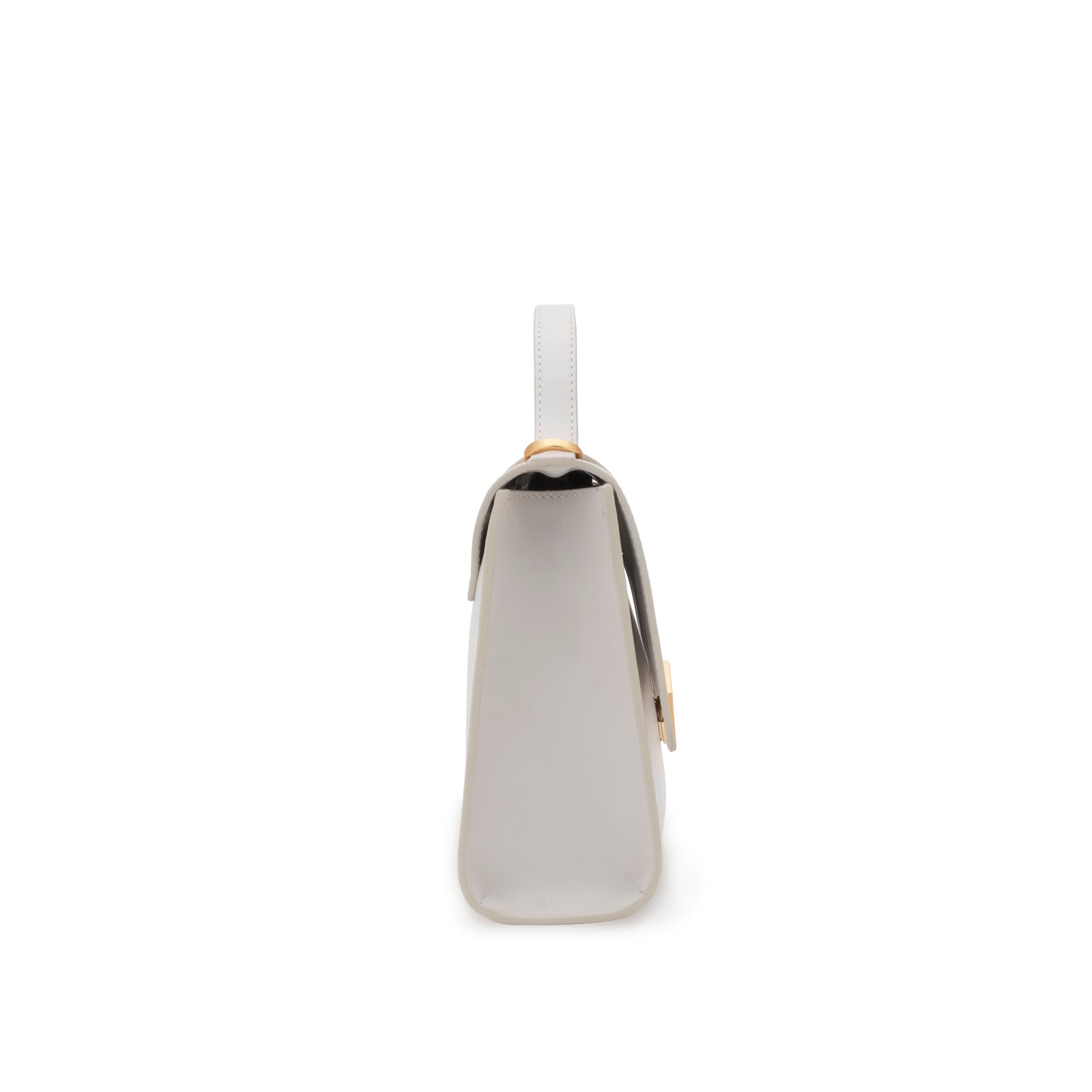 Side profile of the Mario Valentino white leather bag showing the structured gusset and gold-tone strap attachments.