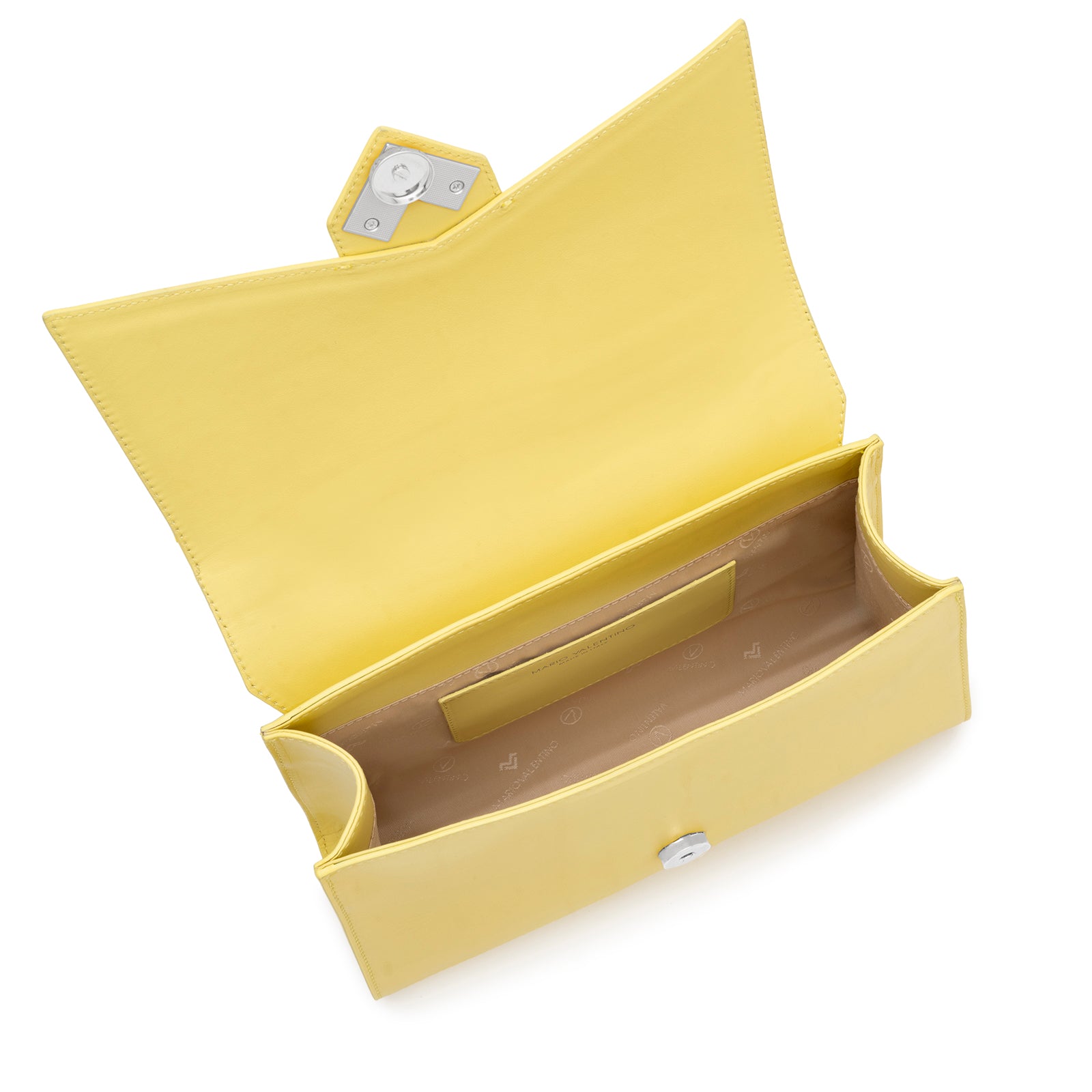 Internal compartment of the Mario Valentino yellow bag featuring the signature logo-print Nylon lining and slip pocket