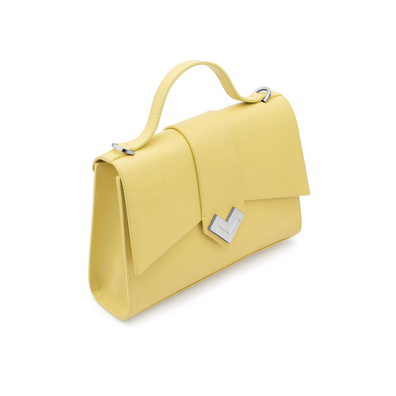 Mario Valentino yellow calf leather top handle bag with silver-tone MV logo hardware. Made in Italy.