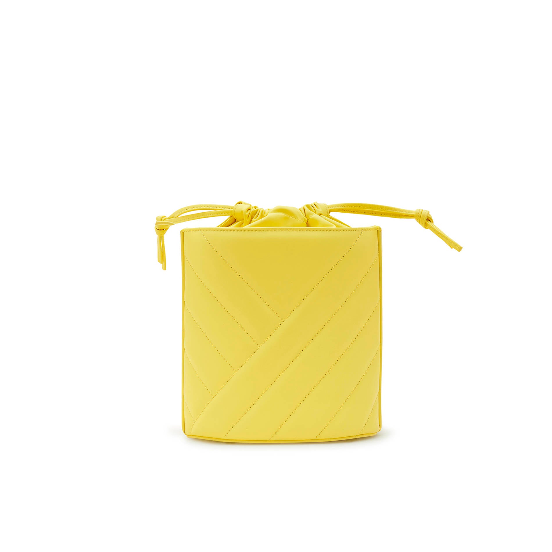 Yellow quilted leather crossbody bucket bag with gold logo and leather drawstring closure. Adjustable crossbody strap. Back view