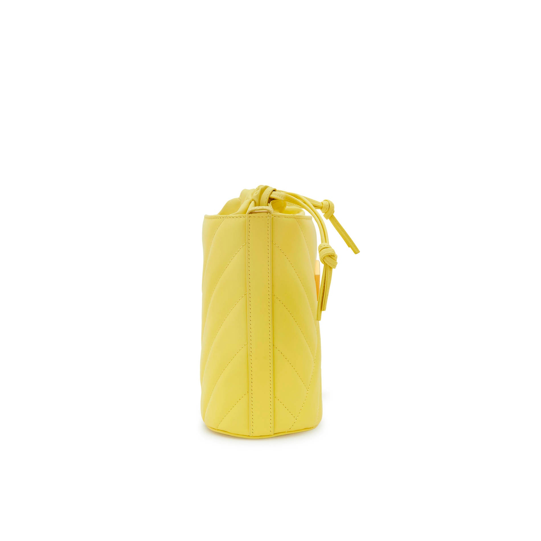 Yellow quilted calf leather crossbody bucket bag with adjustable strap and gold-tone hardware, side view. Made in Italy