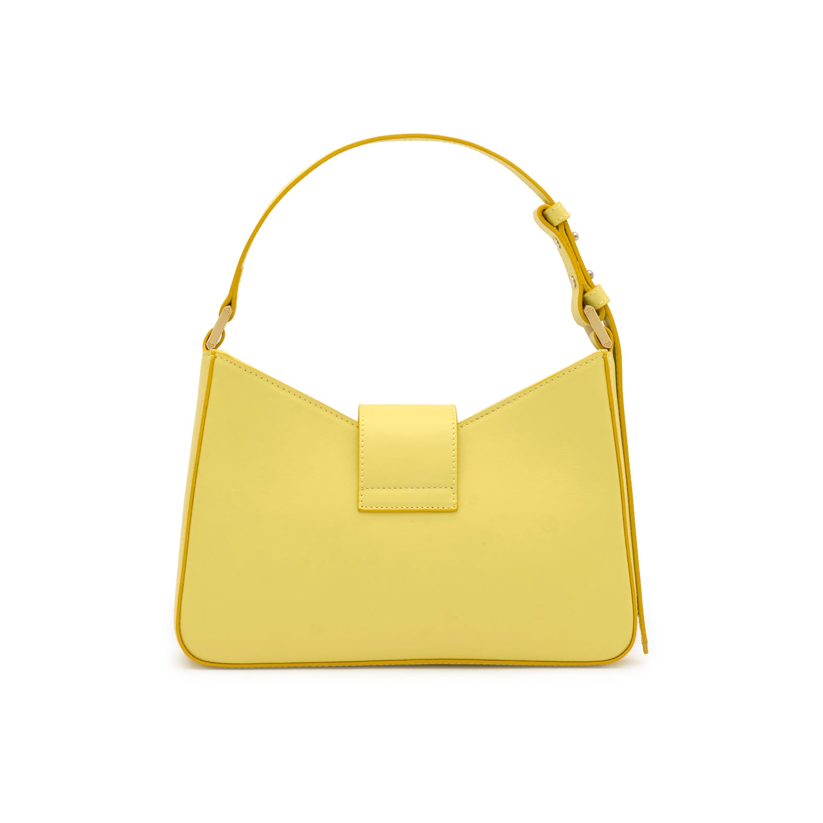 Rear view of Mario Valentino yellow calf leather shoulder bag with smooth finish and structured silhouette