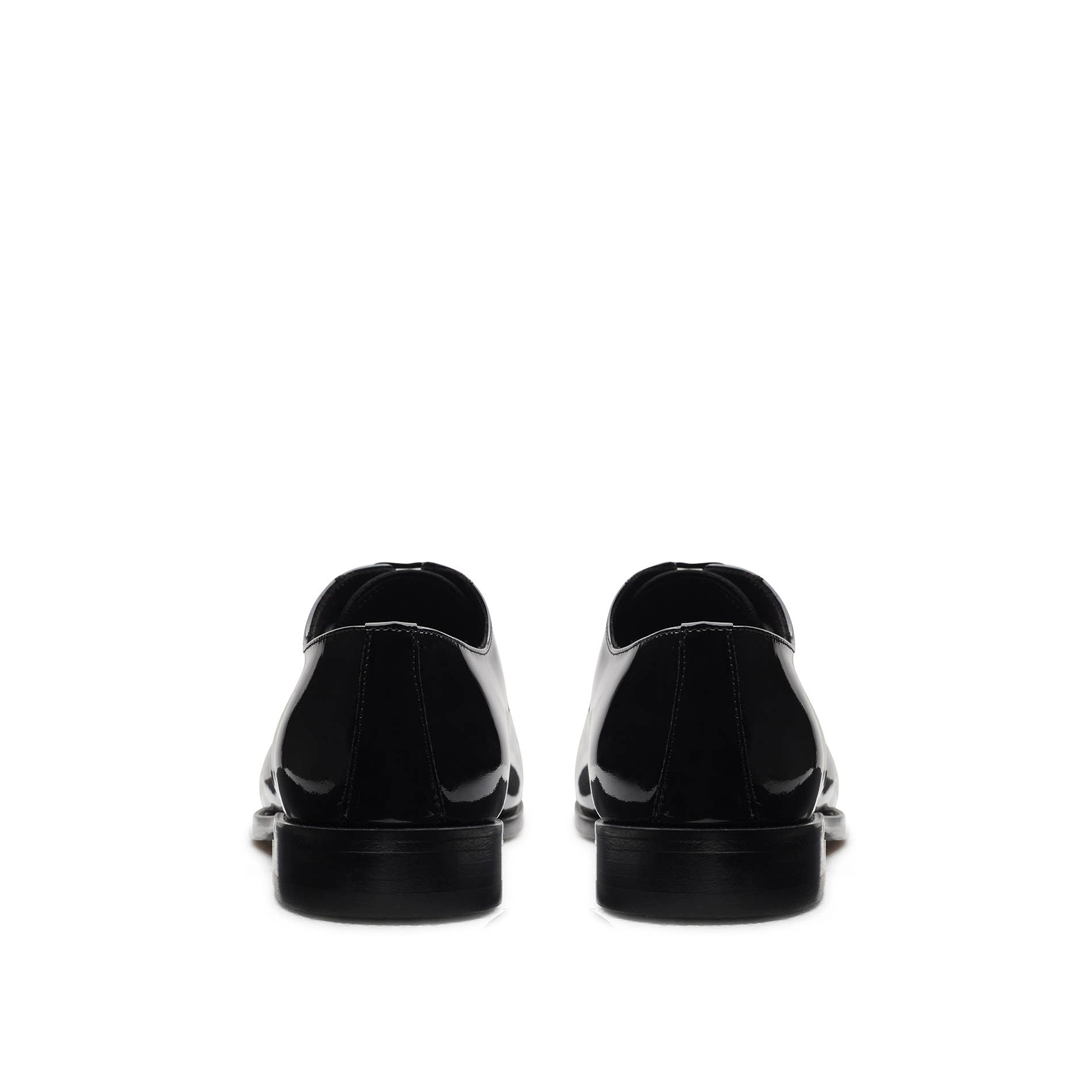 Men’s black patent leather derby shoes, rear view, formal dress shoes
