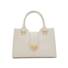 Mario Valentino white calf leather structured tote bag with gold-tone logo and double top handles, front view. Made in Italy