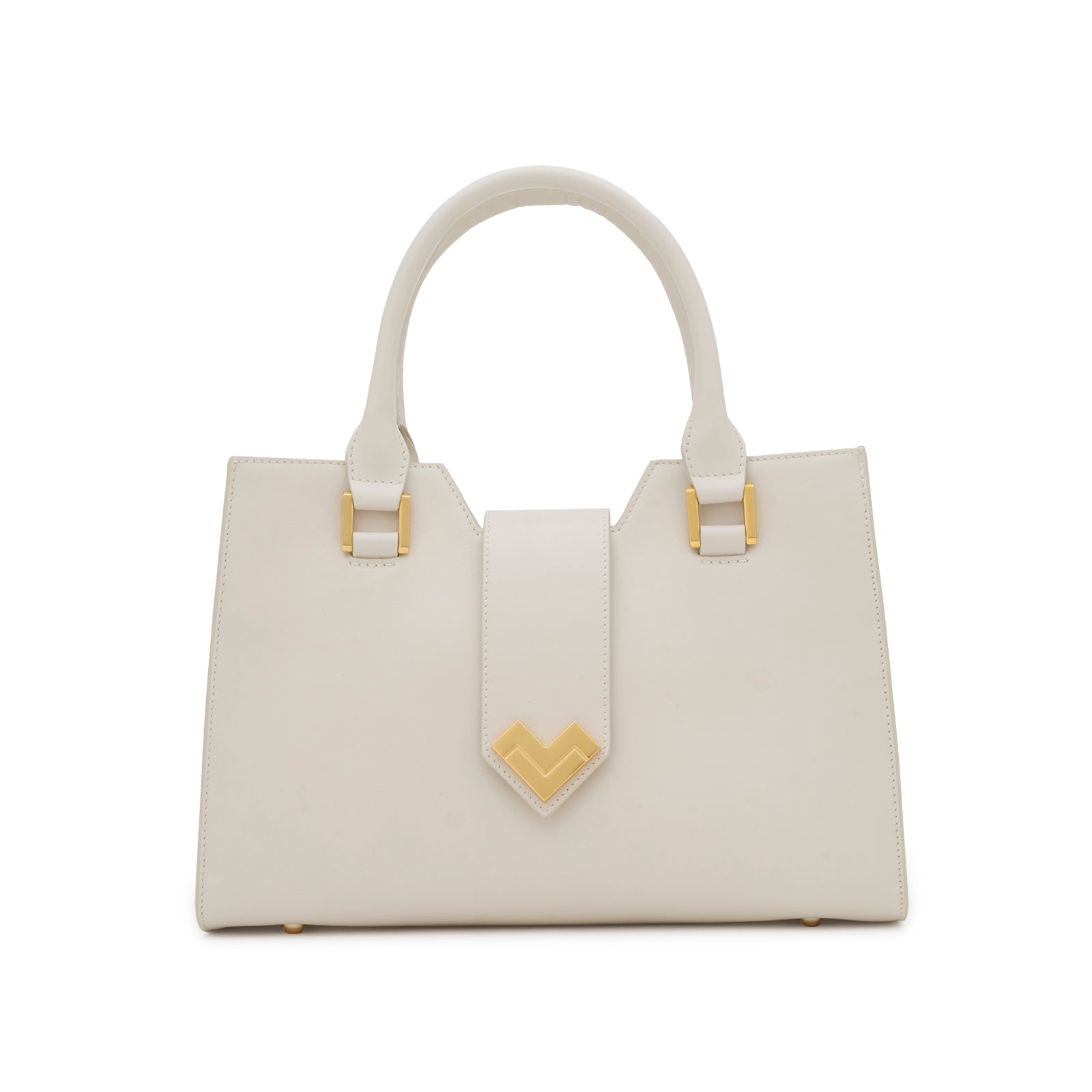 Mario Valentino white calf leather structured tote bag with gold-tone logo and double top handles, front view. Made in Italy