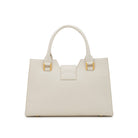 Rear view of the Mario Valentino medium trapezoid tote in smooth white calfskin, showcasing its clean architectural lines and the impeccable seamless finish of the Italian leather.