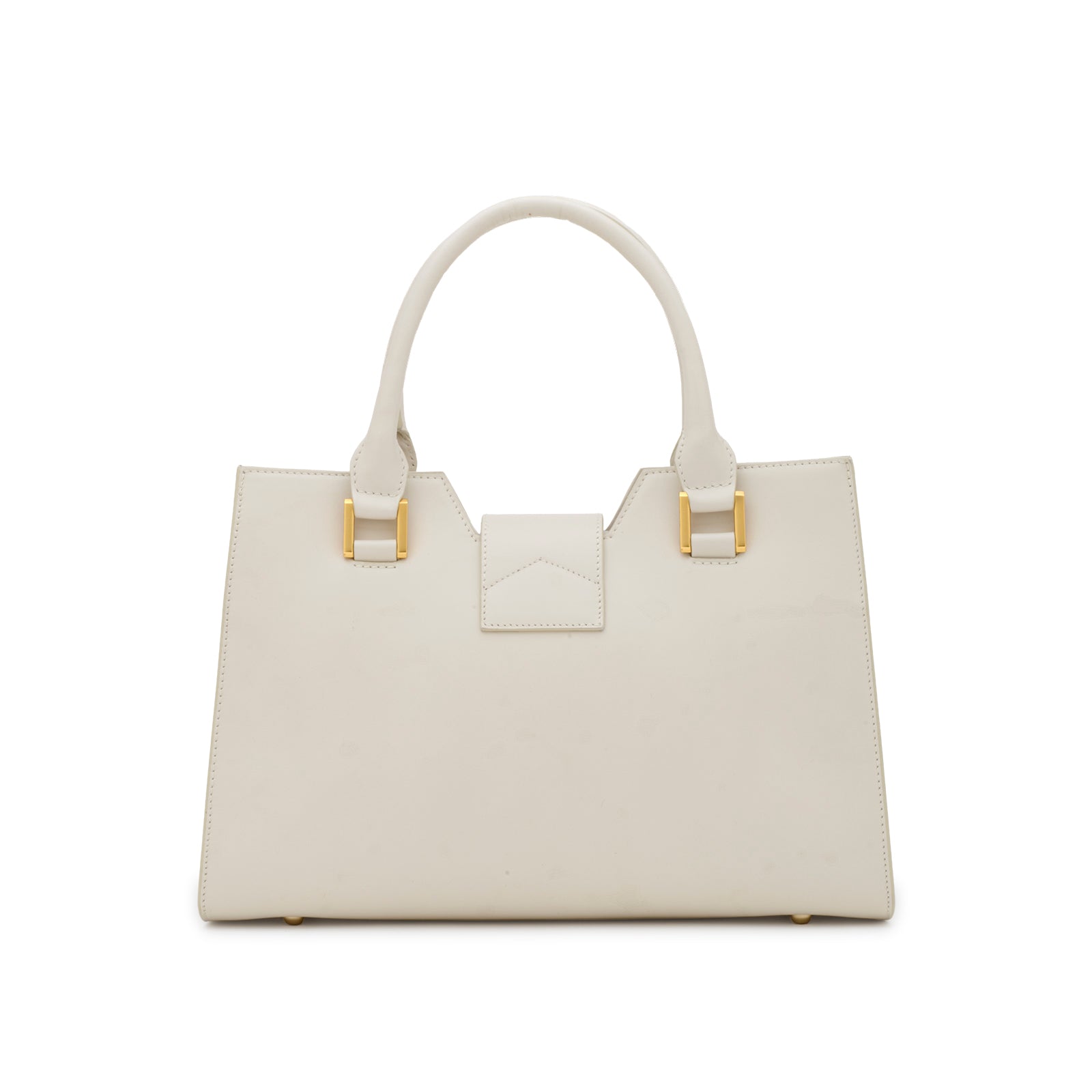 Rear view of the Mario Valentino medium trapezoid tote in smooth white calfskin, showcasing its clean architectural lines and the impeccable seamless finish of the Italian leather.