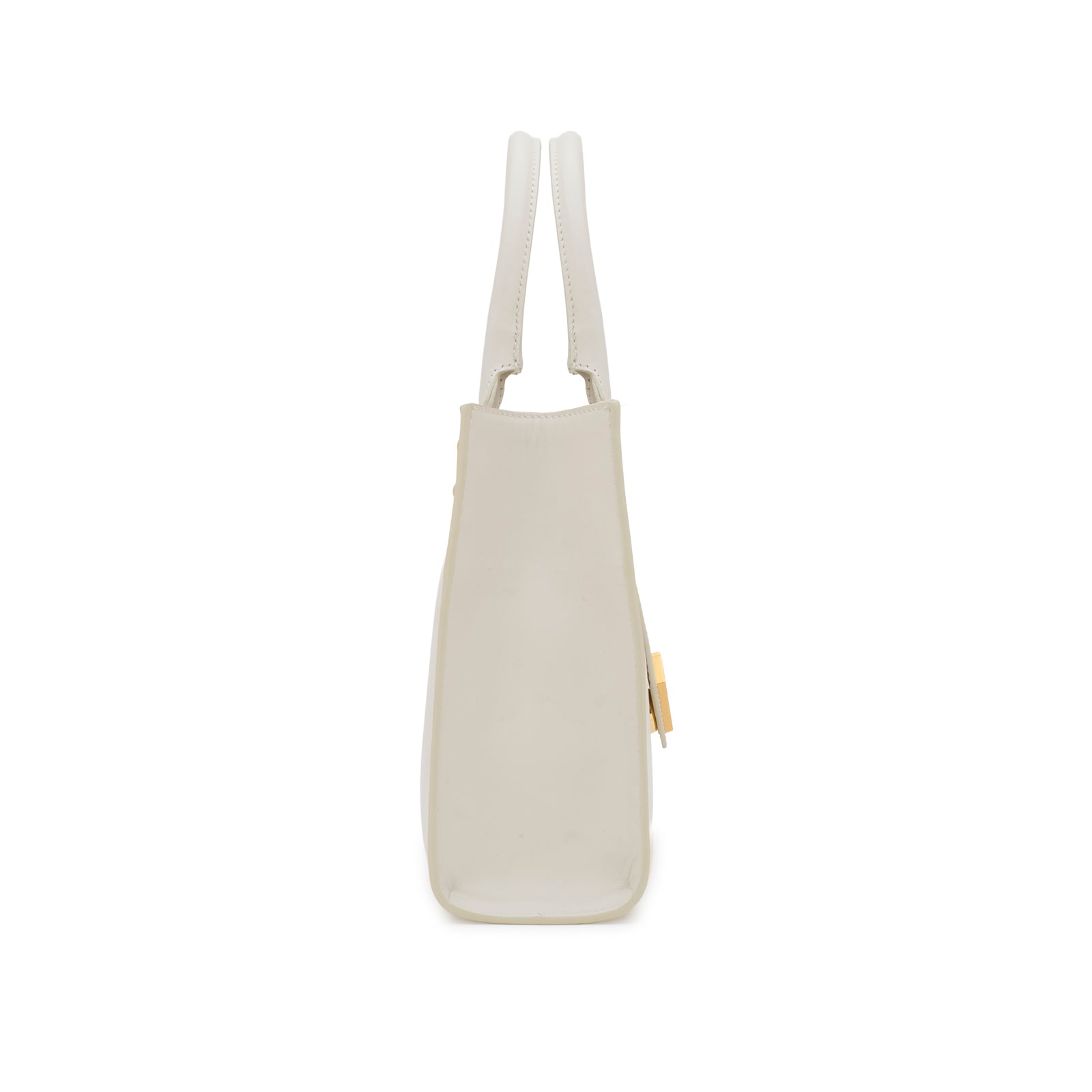 Side view of Mario Valentino white structured tote bag with adjustable shoulder strap.