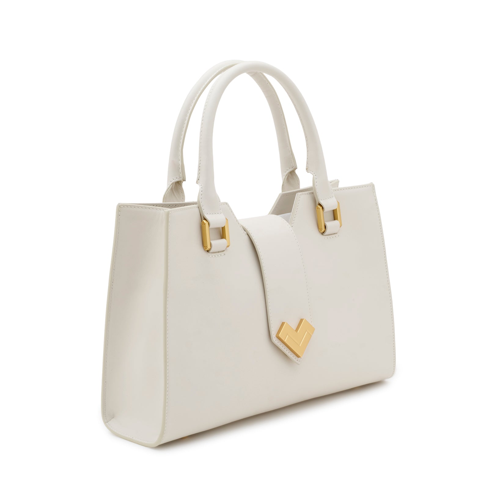 Side profile of the Mario Valentino white calfskin tote, highlighting its sharp trapezoidal silhouette and structured architectural design