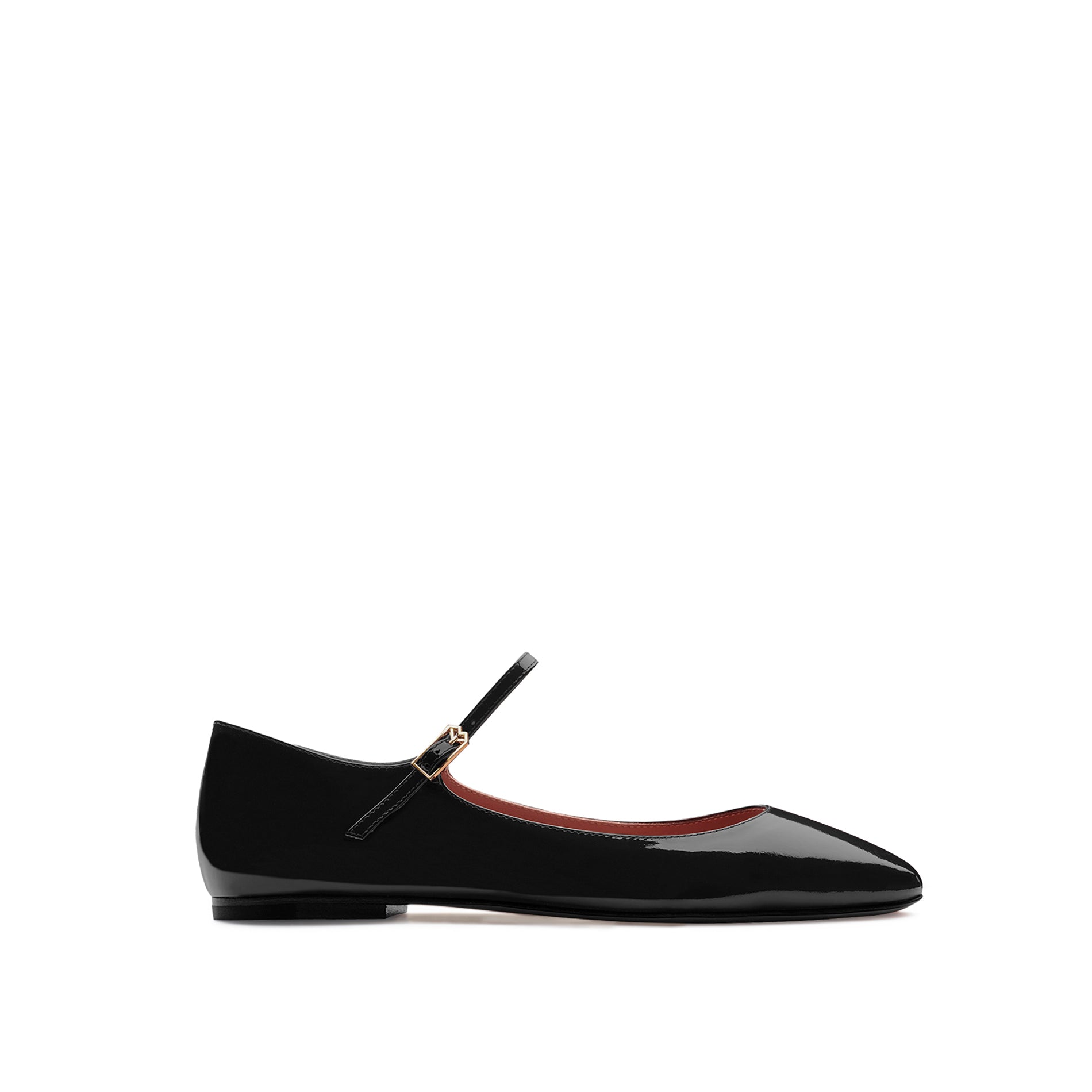 Black patent leather ballet flats with strap and adjustable buckle by Mario Valentino