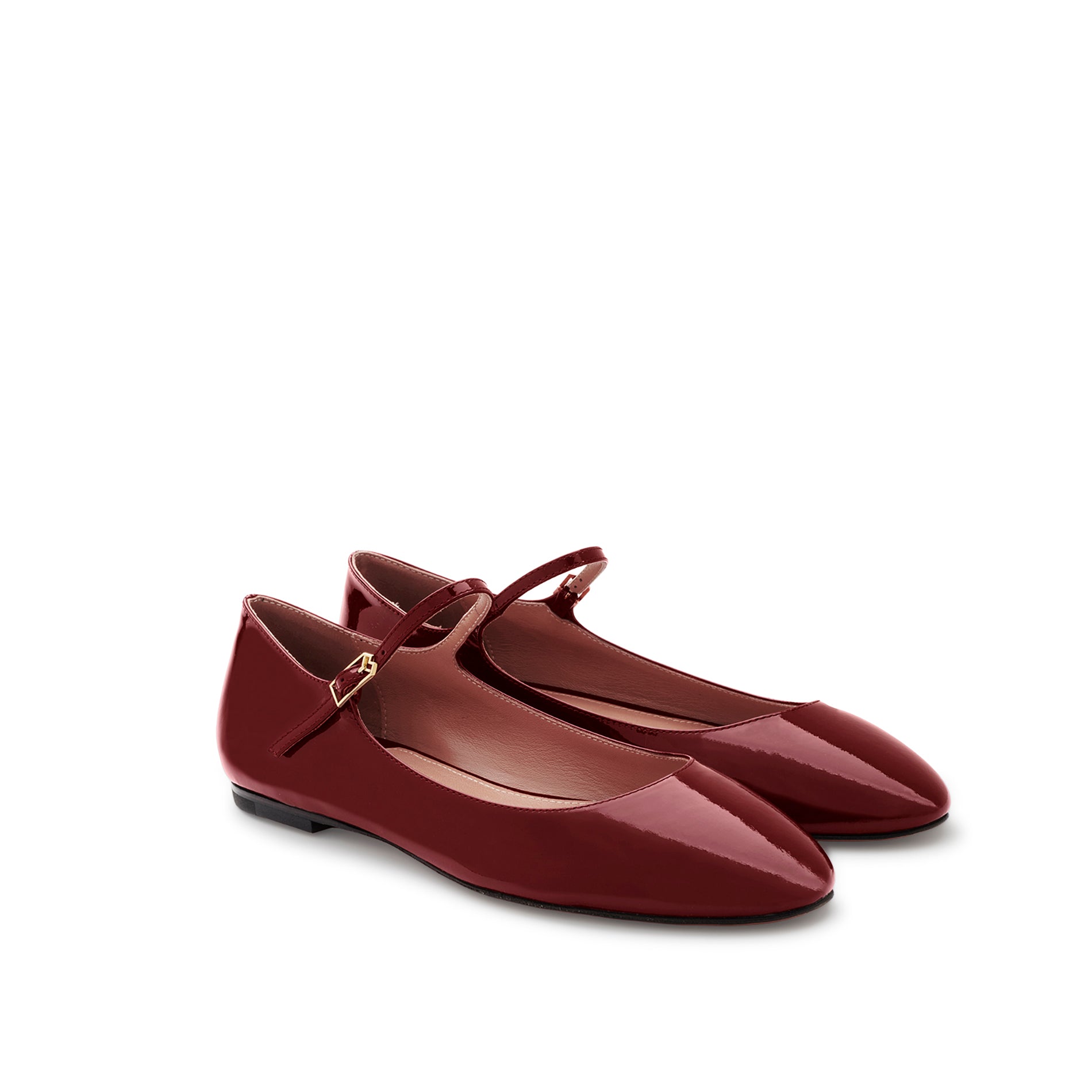 Pair of burgundy patent leather Mary Jane ballet flats with buckle strap Made in Italy