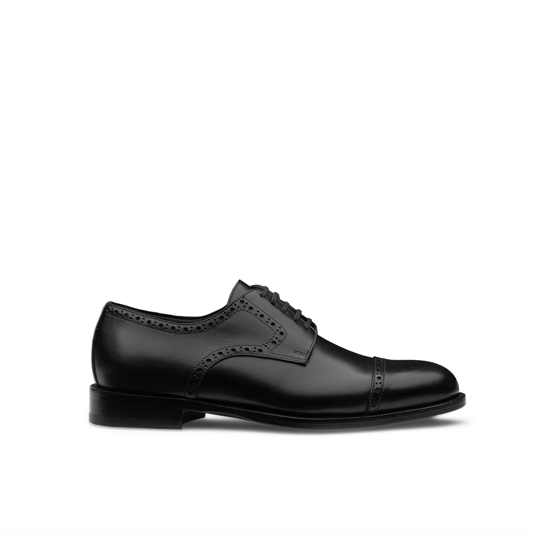 Men’s black calfskin Oxford brogue shoes, side view, made in Italy
