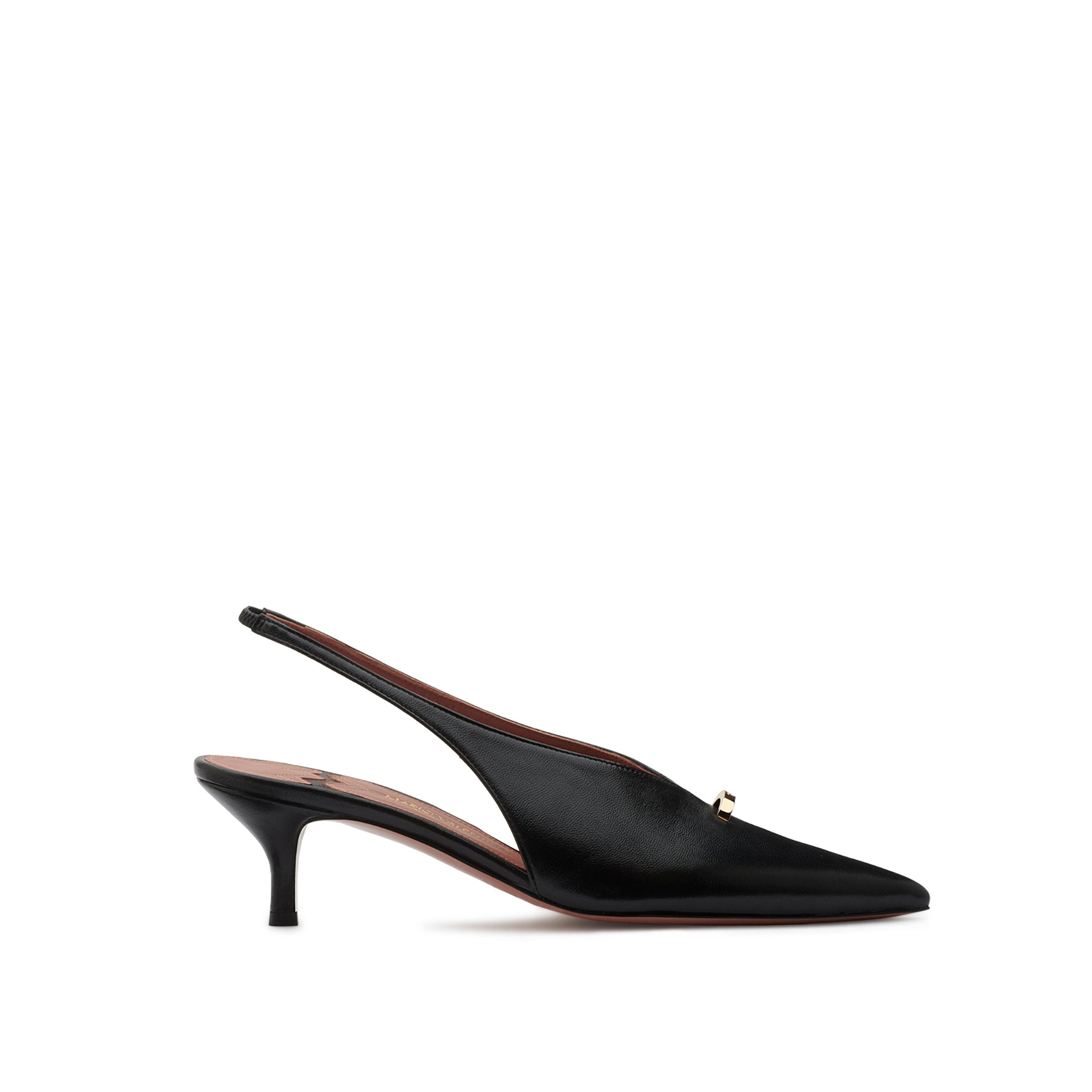 Mario Valentino smooth black leather slingback pumps with a pointed toe and kitten heel