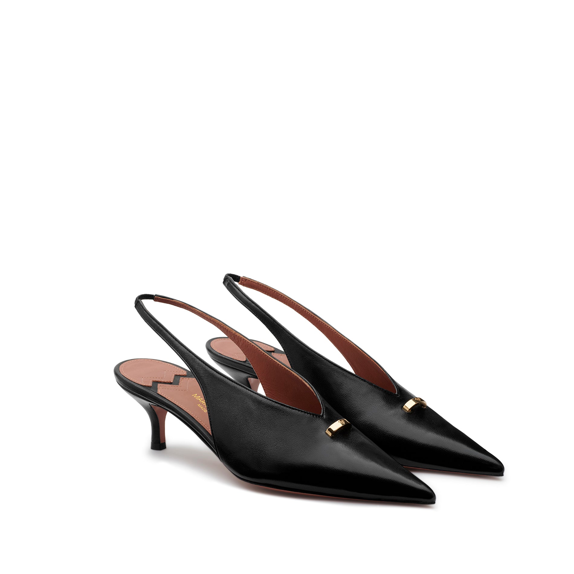 Pair of Mario Valentino black leather slingback pumps with pointed toe and gold logo detail, Made in Italy.