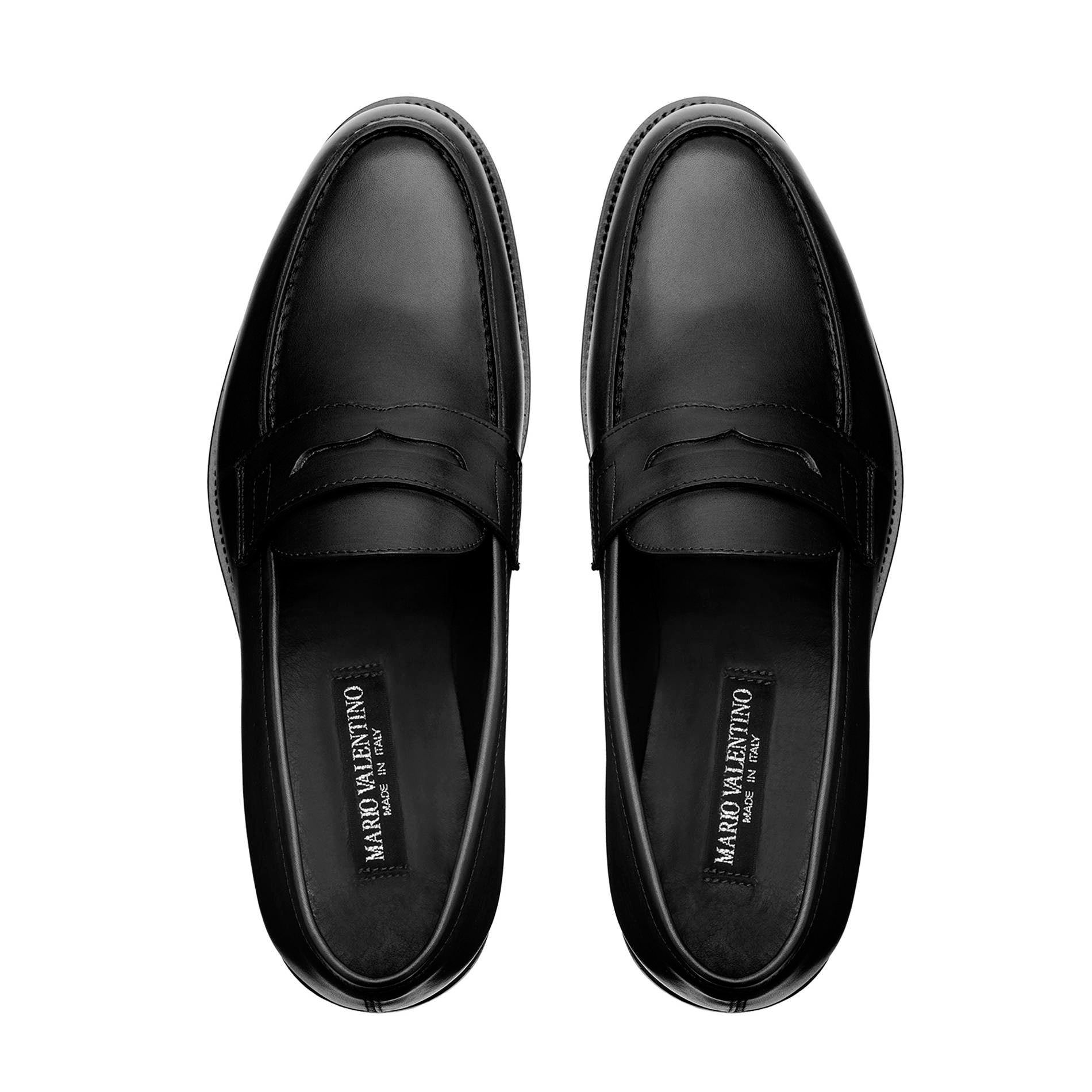Top view black calf leather penny loafers slip-on design