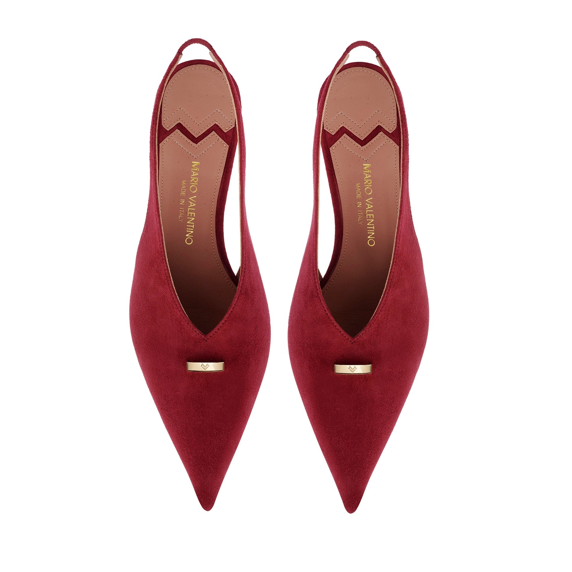 
Top view of Mario Valentino burgundy suede pointed-toe slingback pumps with an elasticated strap.