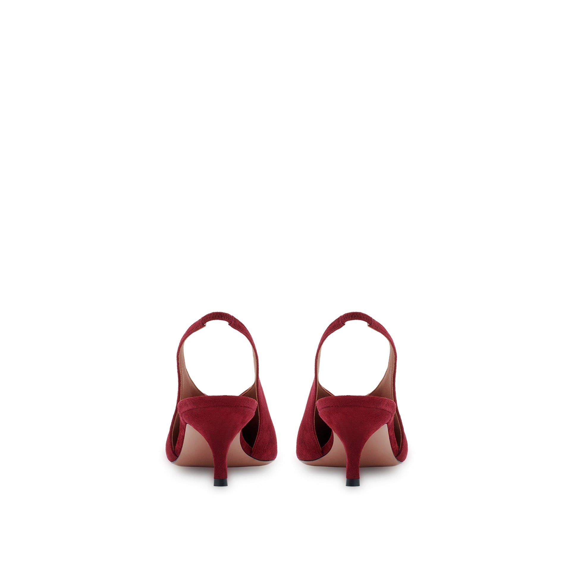 Back view of Mario Valentino burgundy suede slingback pumps featuring an elasticated strap and a kitten heel.