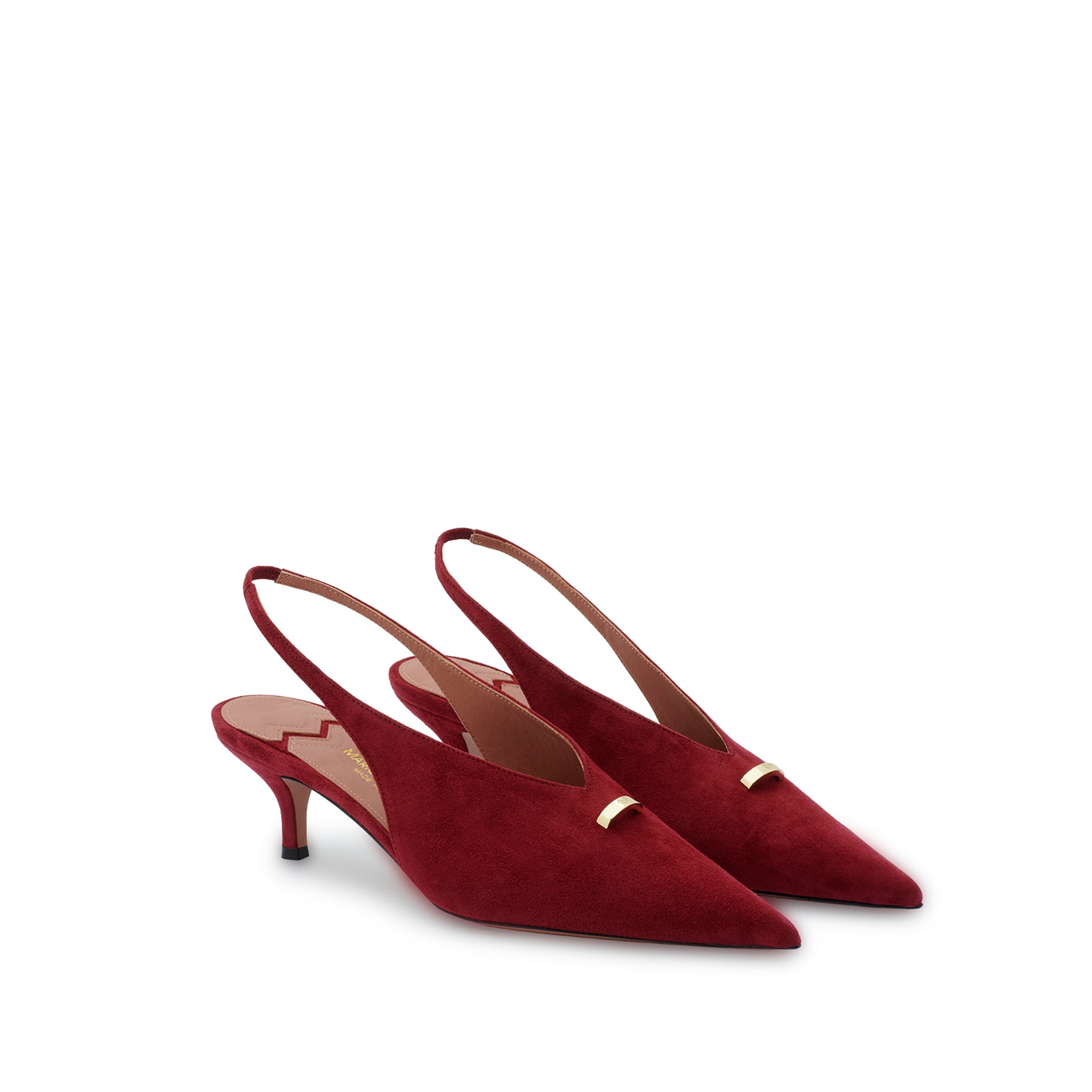 Pair of Mario Valentino burgundy suede slingback pumps with gold logo detail, Made in Italy.