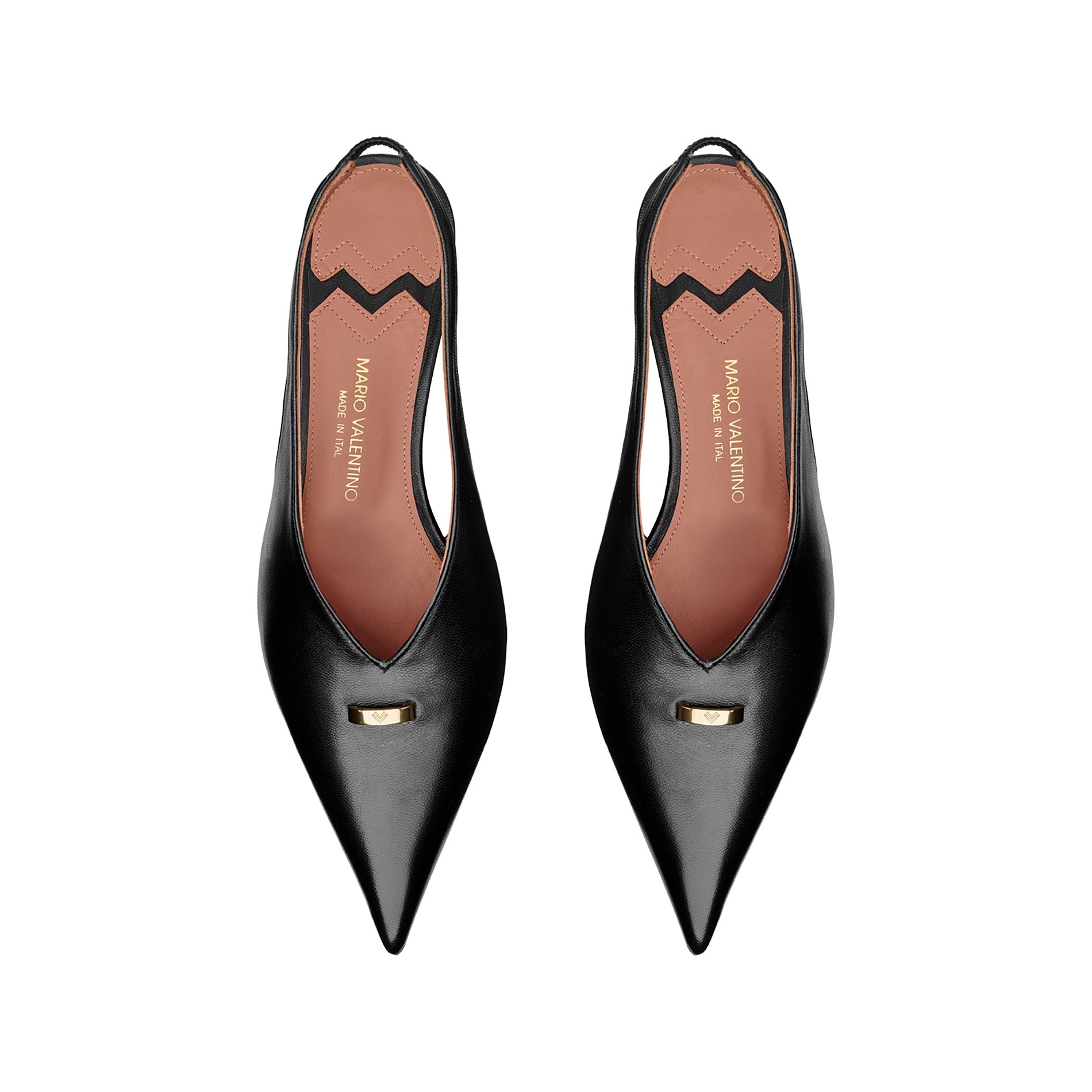 Top view: Mario Valentino black leather pointed-toe pumps with elasticated slingback.