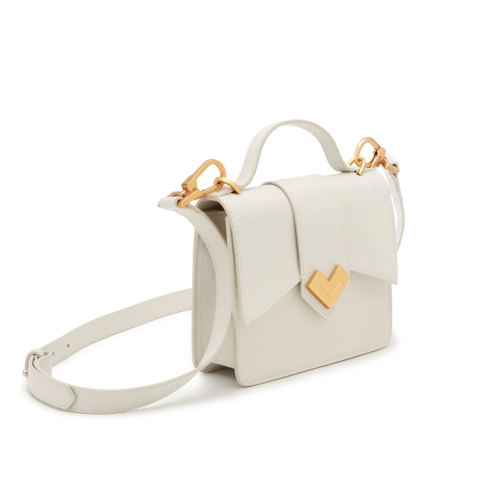 Mario Valentino white leather mini handbag with a contoured flap, gold-tone MV logo, and a removable crossbody strap. Made in Italy